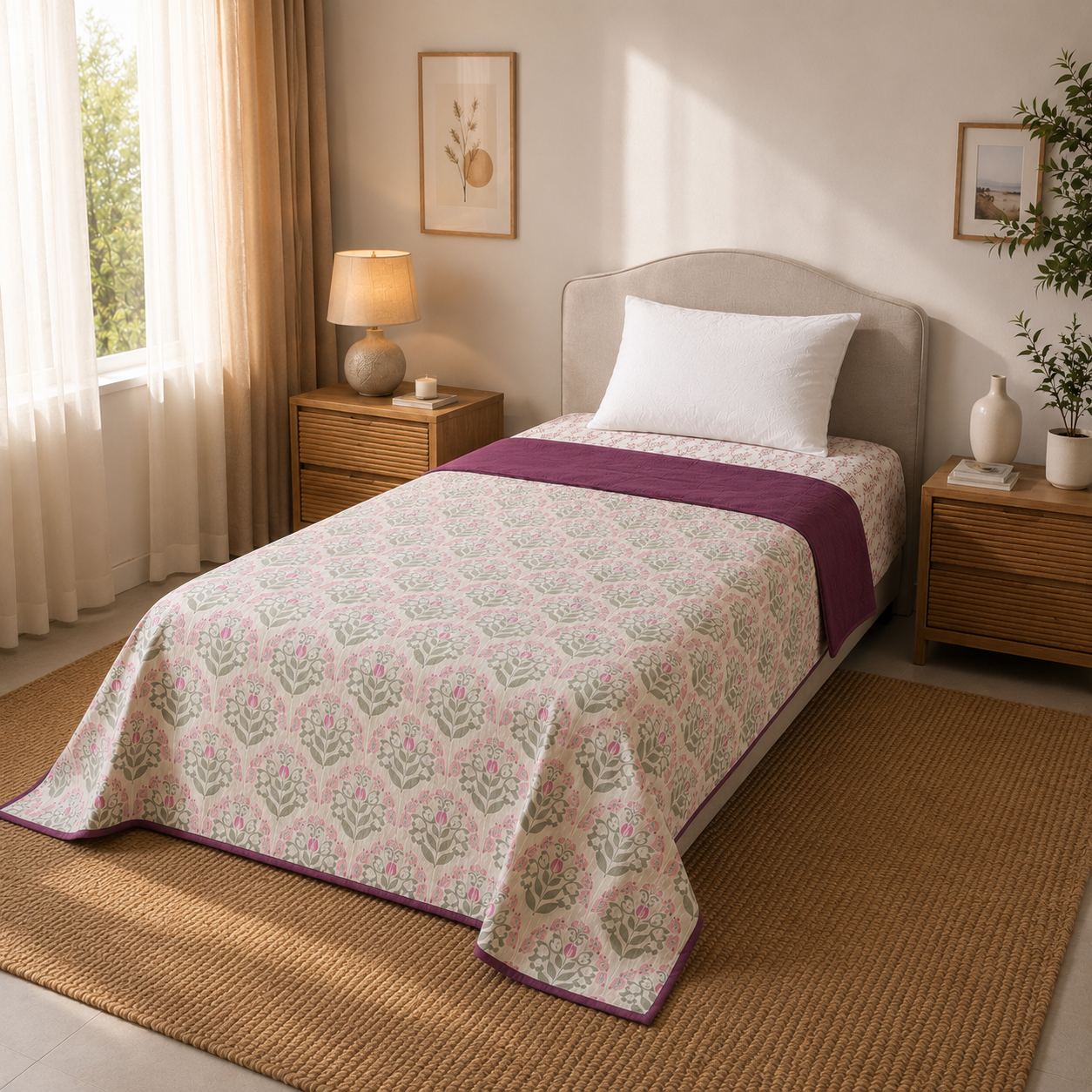 Percale Cotton Reversible Dohar floral buta (booti) pattern with a block-print-inspired aesthetic in Pink