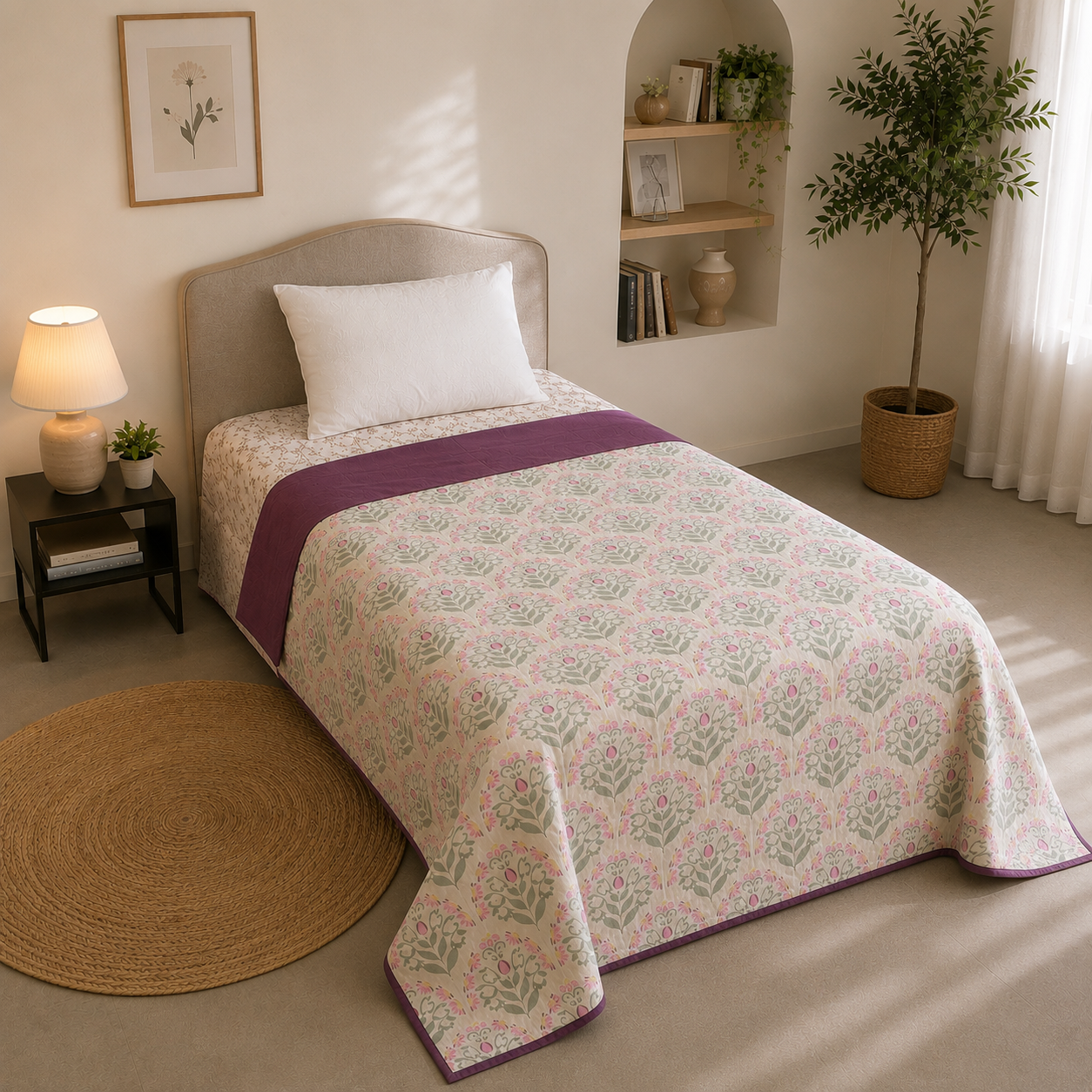 Percale Cotton Reversible Dohar floral buta (booti) pattern with a block-print-inspired aesthetic in Pink
