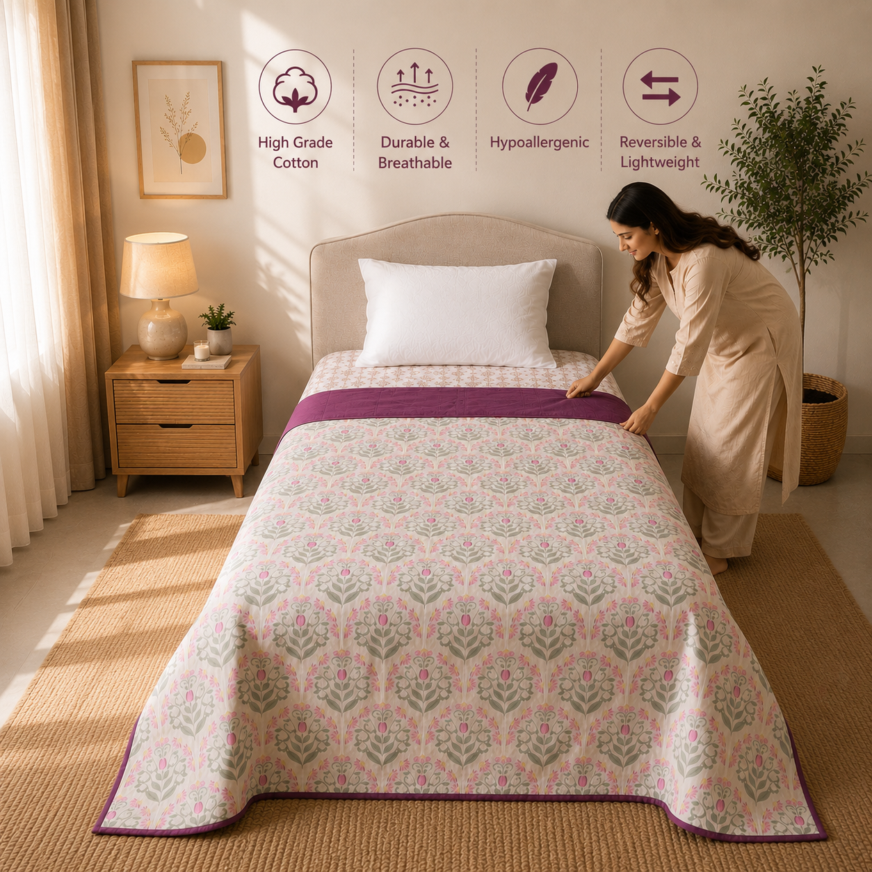 Percale Cotton Reversible Dohar floral buta (booti) pattern with a block-print-inspired aesthetic in Pink