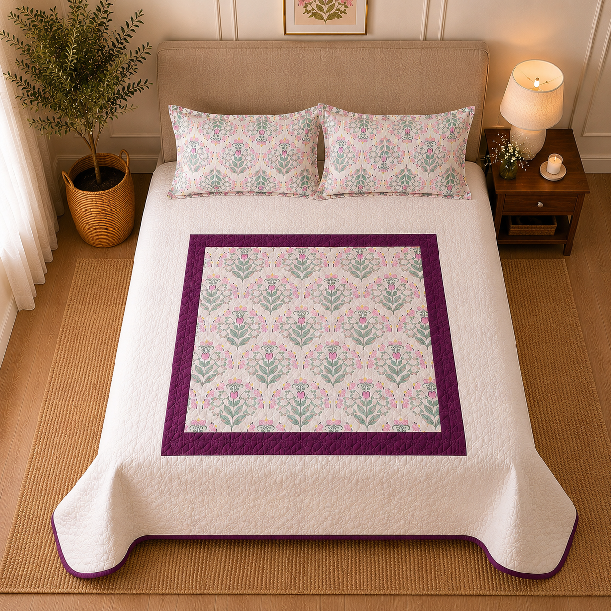 Percale Cotton 3PC Quilted Bedspread floral buta (booti) pattern Concentric Square with a block-print-inspired aesthetic in Pink