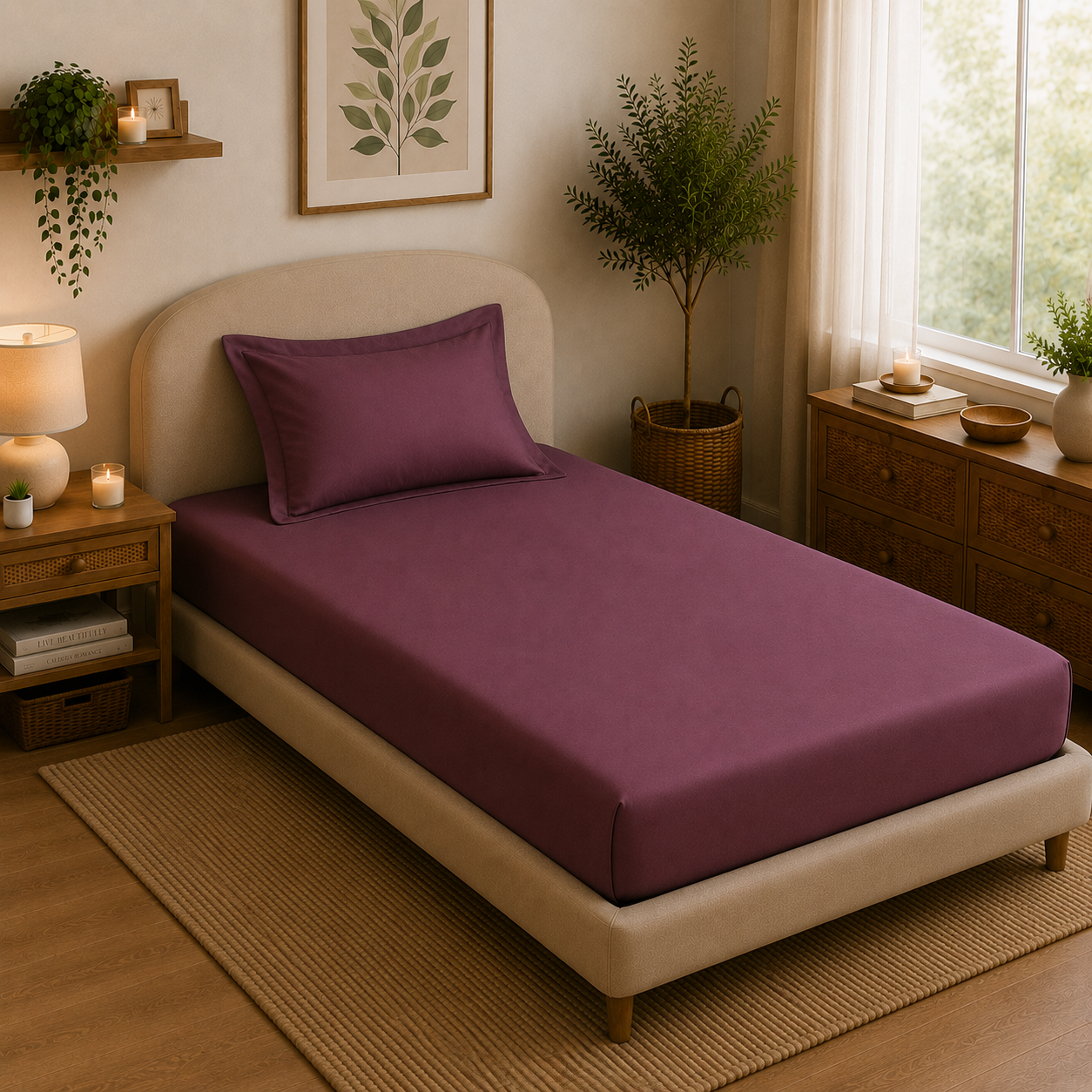 Percale Cotton Fitted Sheet Set Damson Berry