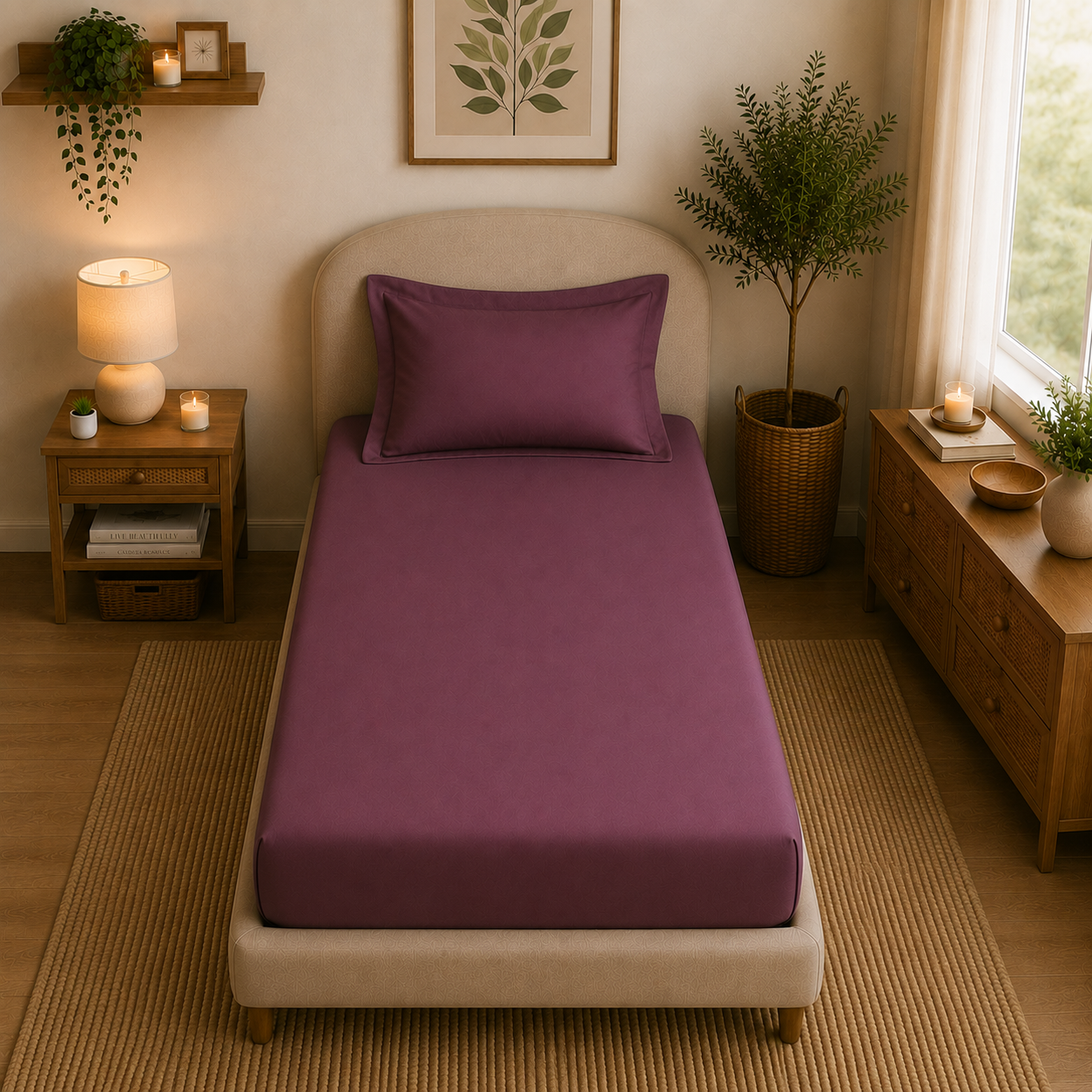 Percale Cotton Fitted Sheet Set Damson Berry