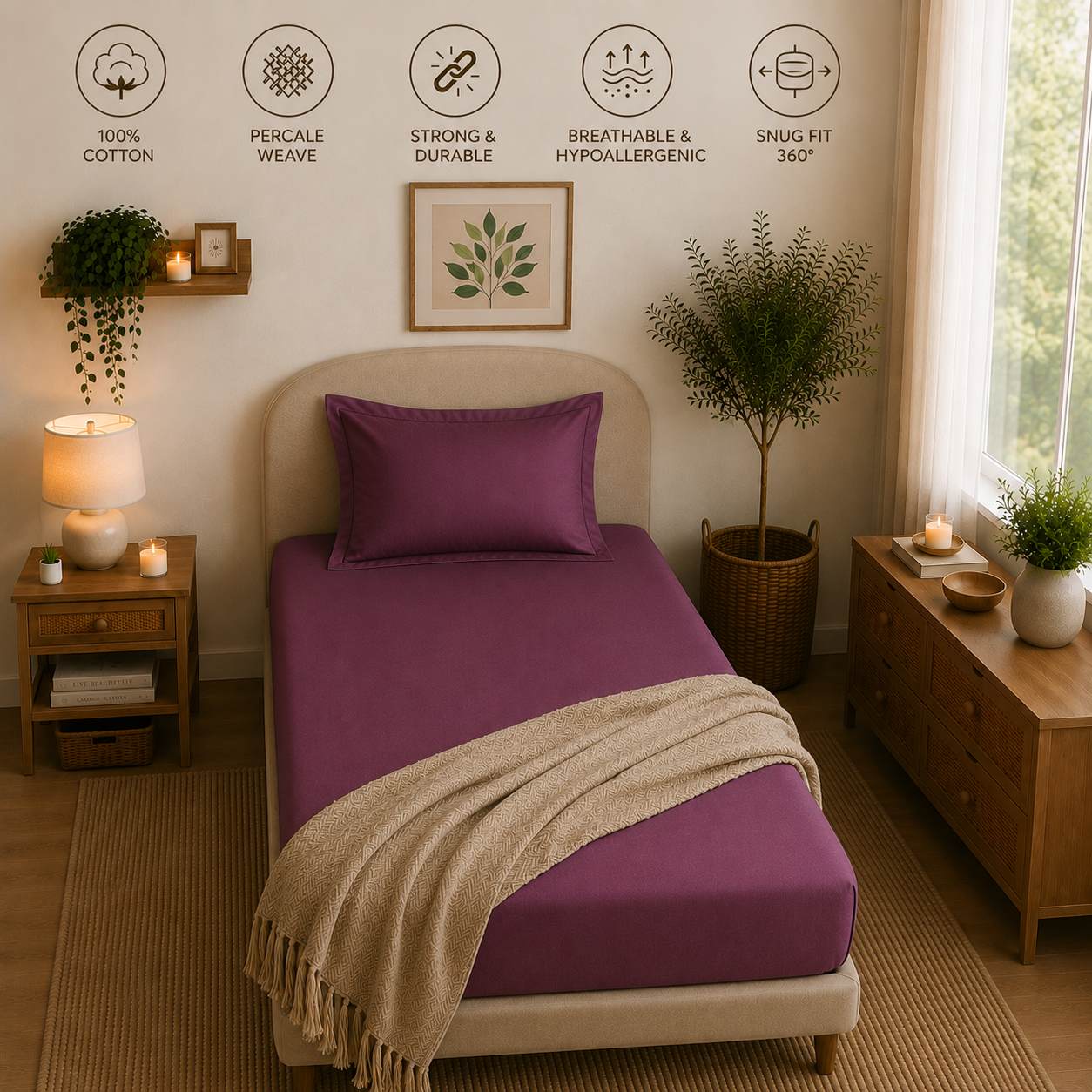 Percale Cotton Fitted Sheet Set Damson Berry