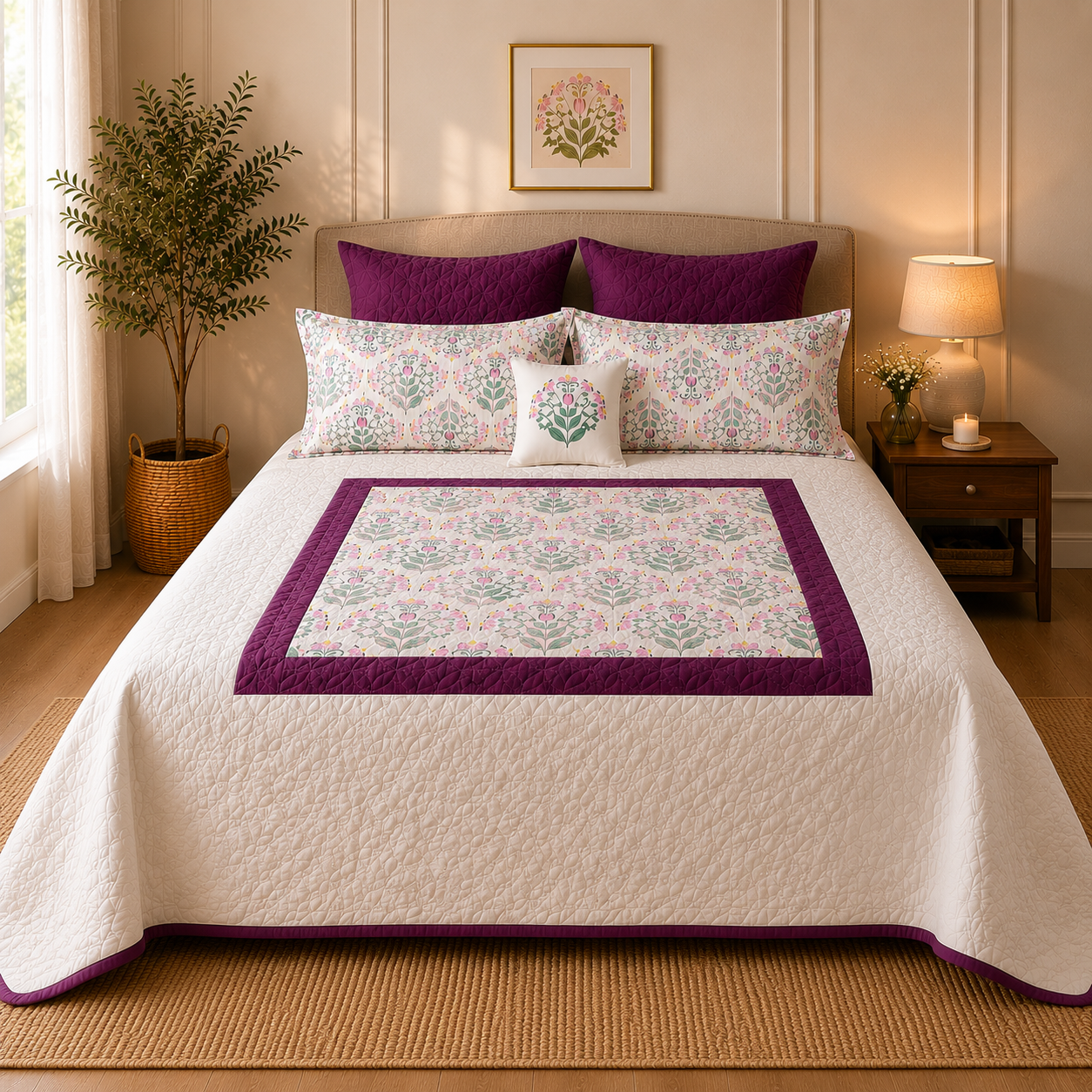 Percale Cotton 7PC Quilted Bedspread floral buta (booti) pattern Concentric Square with a block-print-inspired aesthetic in Pink
