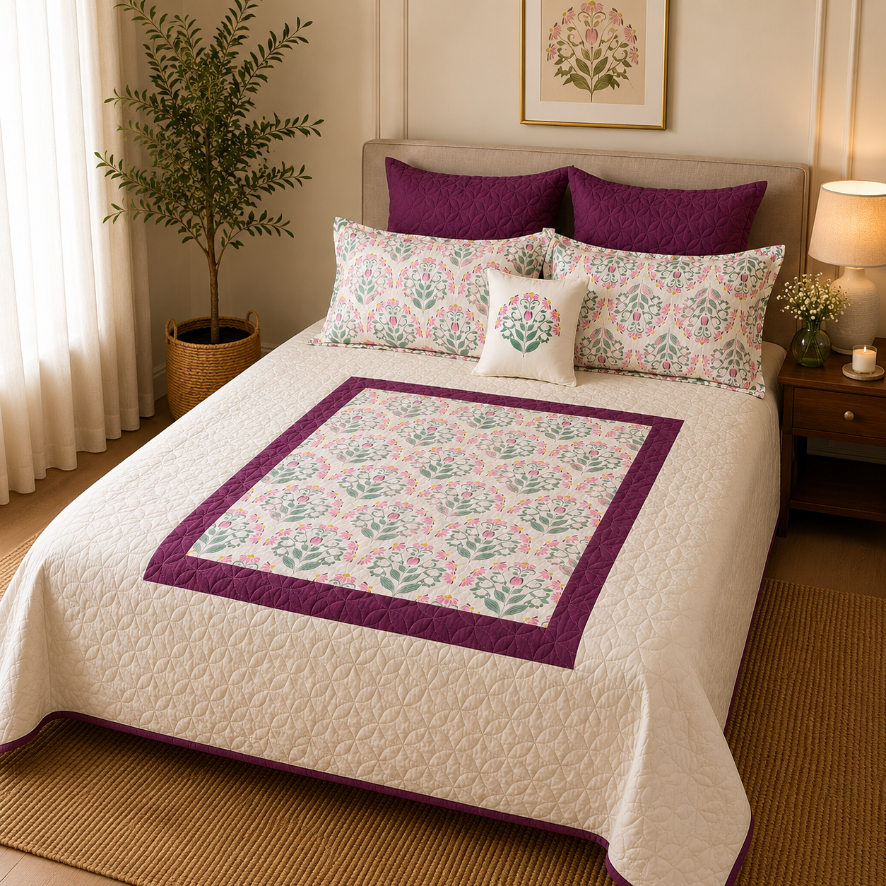 Percale Cotton 7PC Quilted Bedspread floral buta (booti) pattern Concentric Square with a block-print-inspired aesthetic in Pink