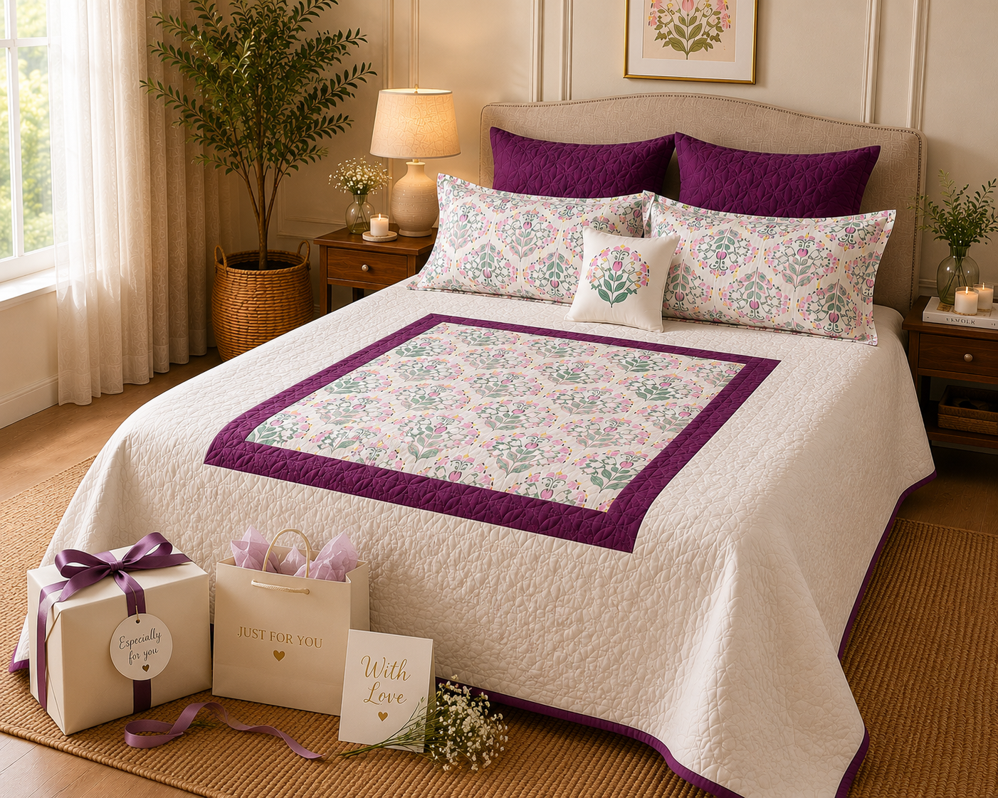 Percale Cotton 7PC Quilted Bedspread floral buta (booti) pattern Concentric Square with a block-print-inspired aesthetic in Pink