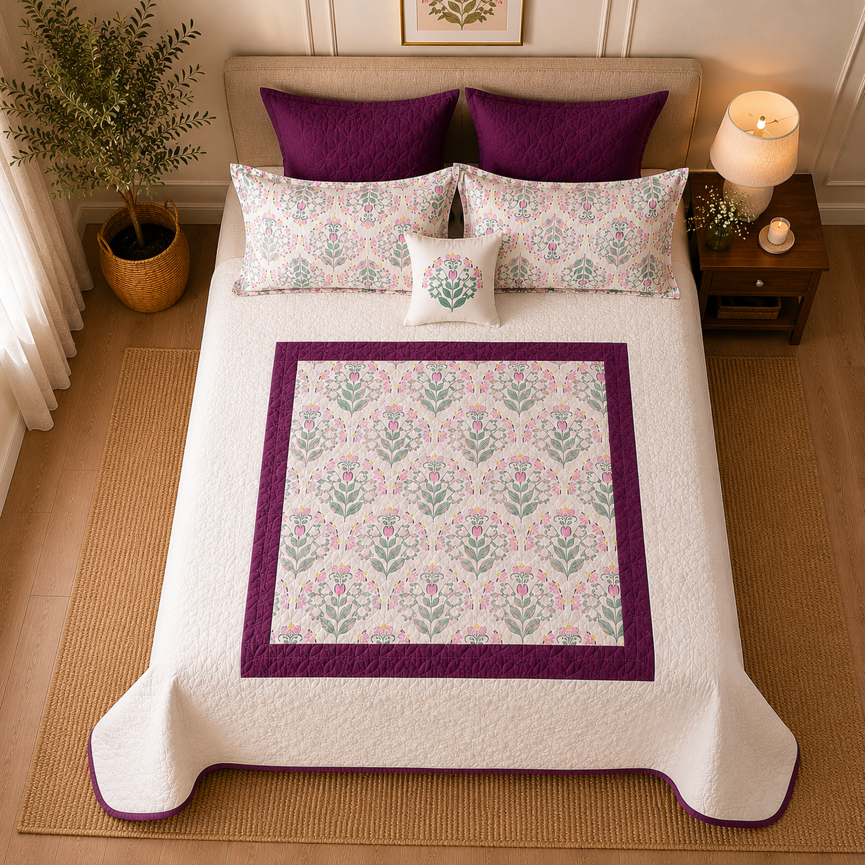 Percale Cotton 7PC Quilted Bedspread floral buta (booti) pattern Concentric Square with a block-print-inspired aesthetic in Pink
