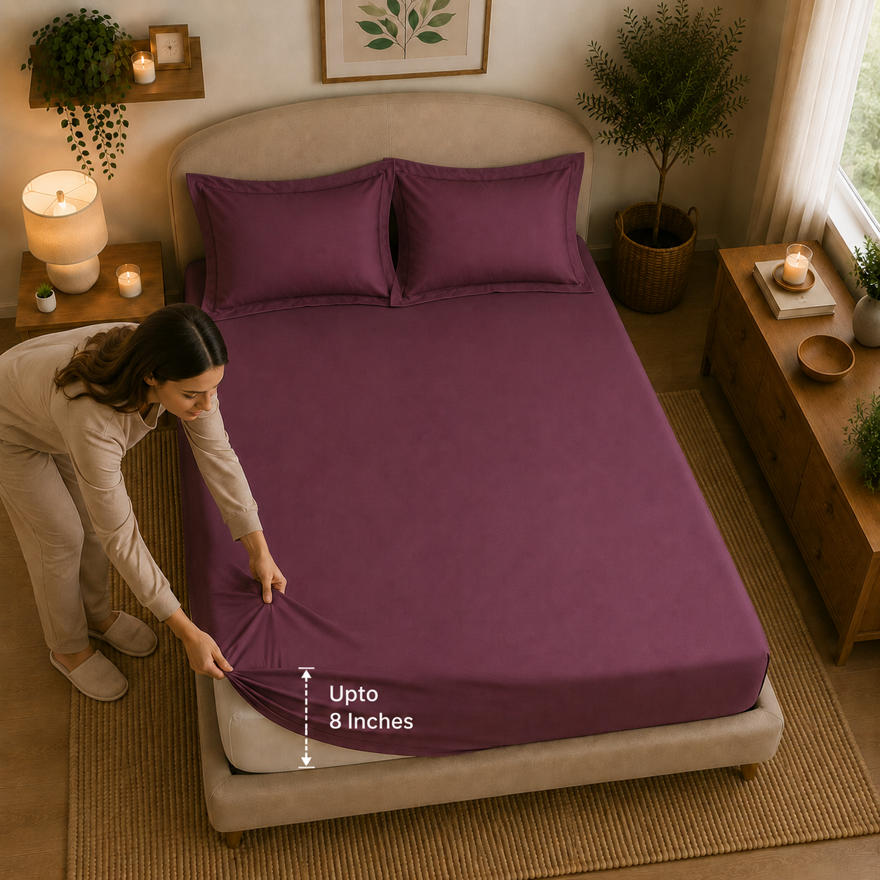 Percale Cotton Fitted Sheet Set Damson Berry