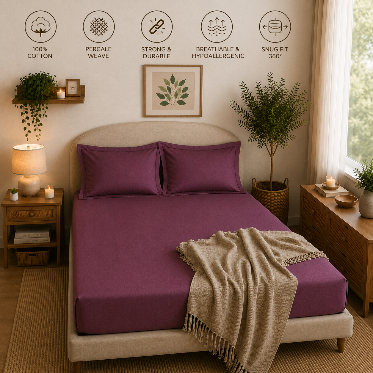 Percale Cotton Fitted Sheet Set Damson Berry