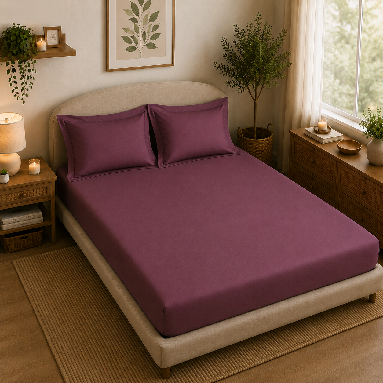 Percale Cotton Fitted Sheet Set Damson Berry