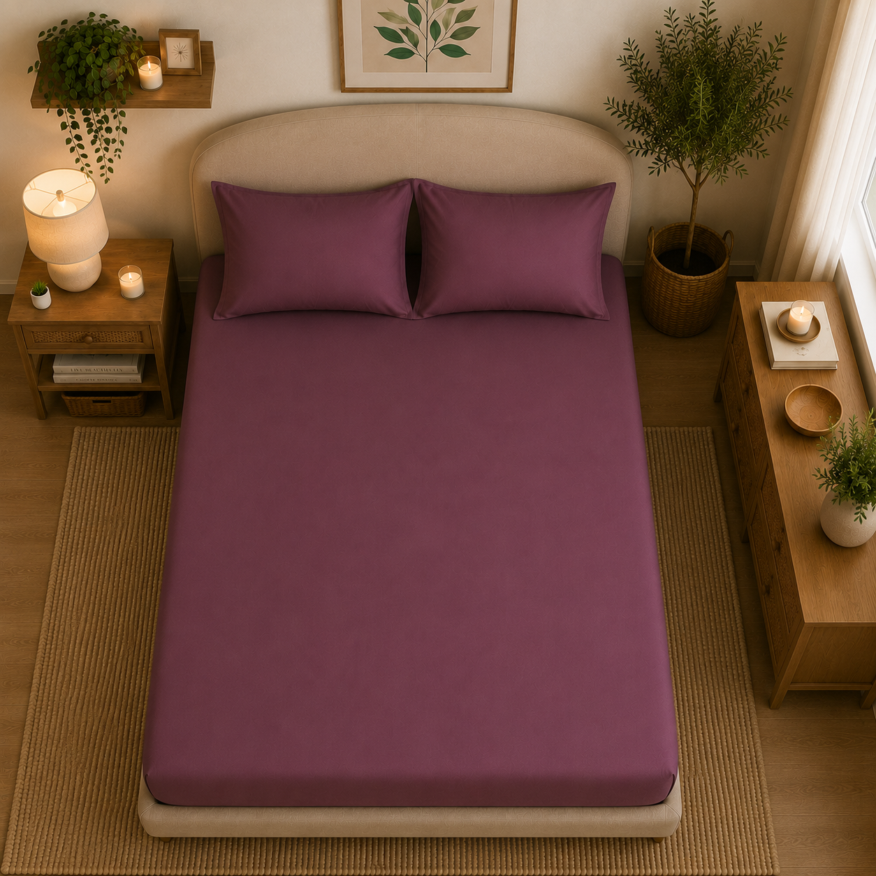 Percale Cotton Fitted Sheet Set Damson Berry