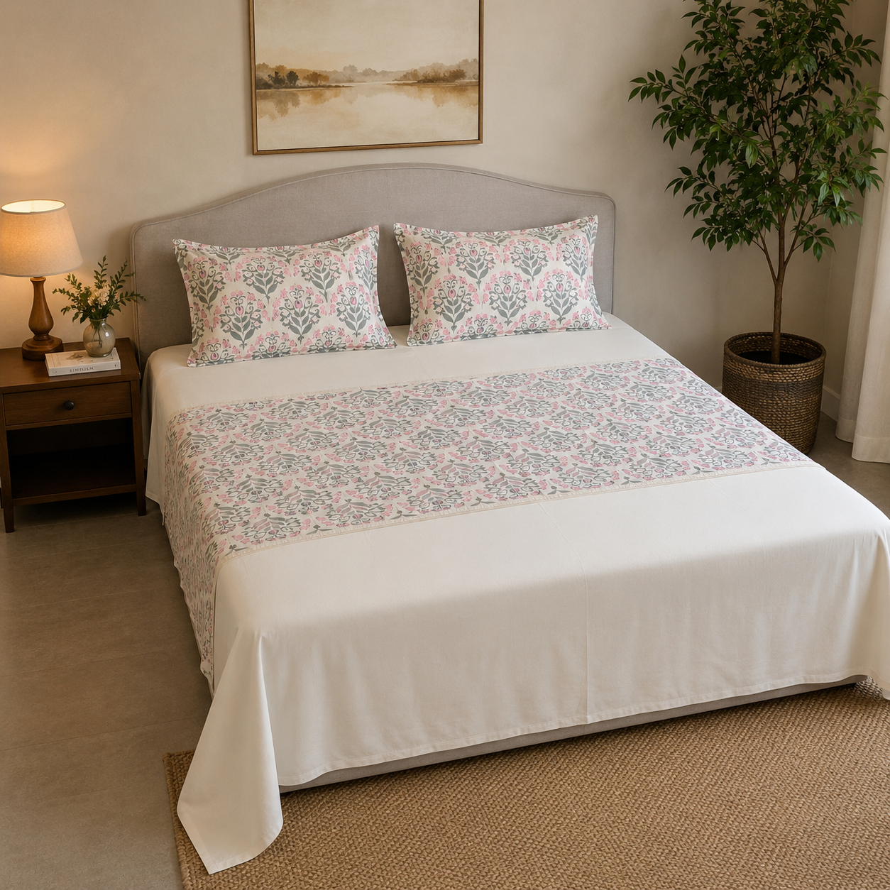 Percale Cotton Bedsheet Set Block-Print Buta Pattern Horizontally Centered