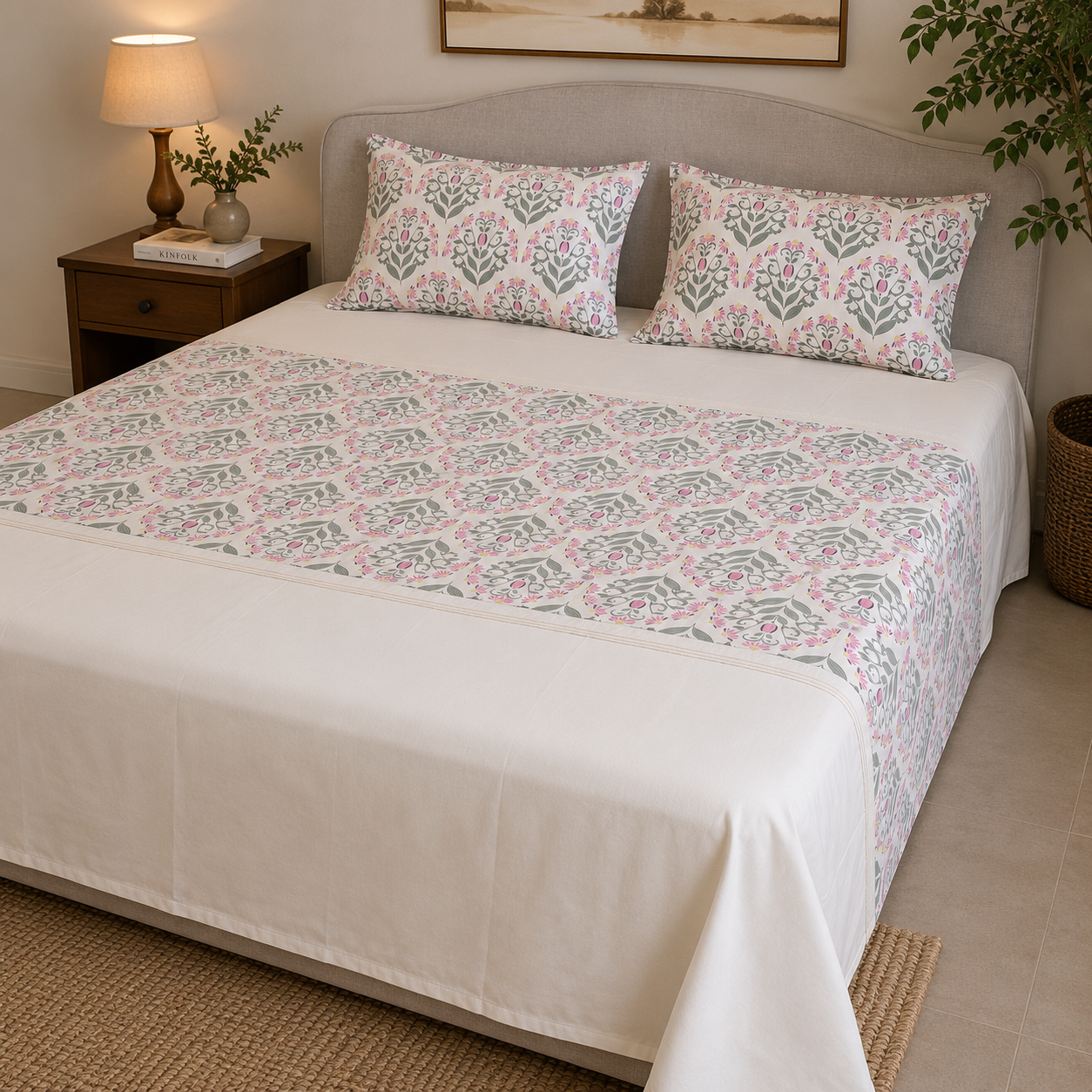 Percale Cotton Bedsheet Set Block-Print Buta Pattern Horizontally Centered