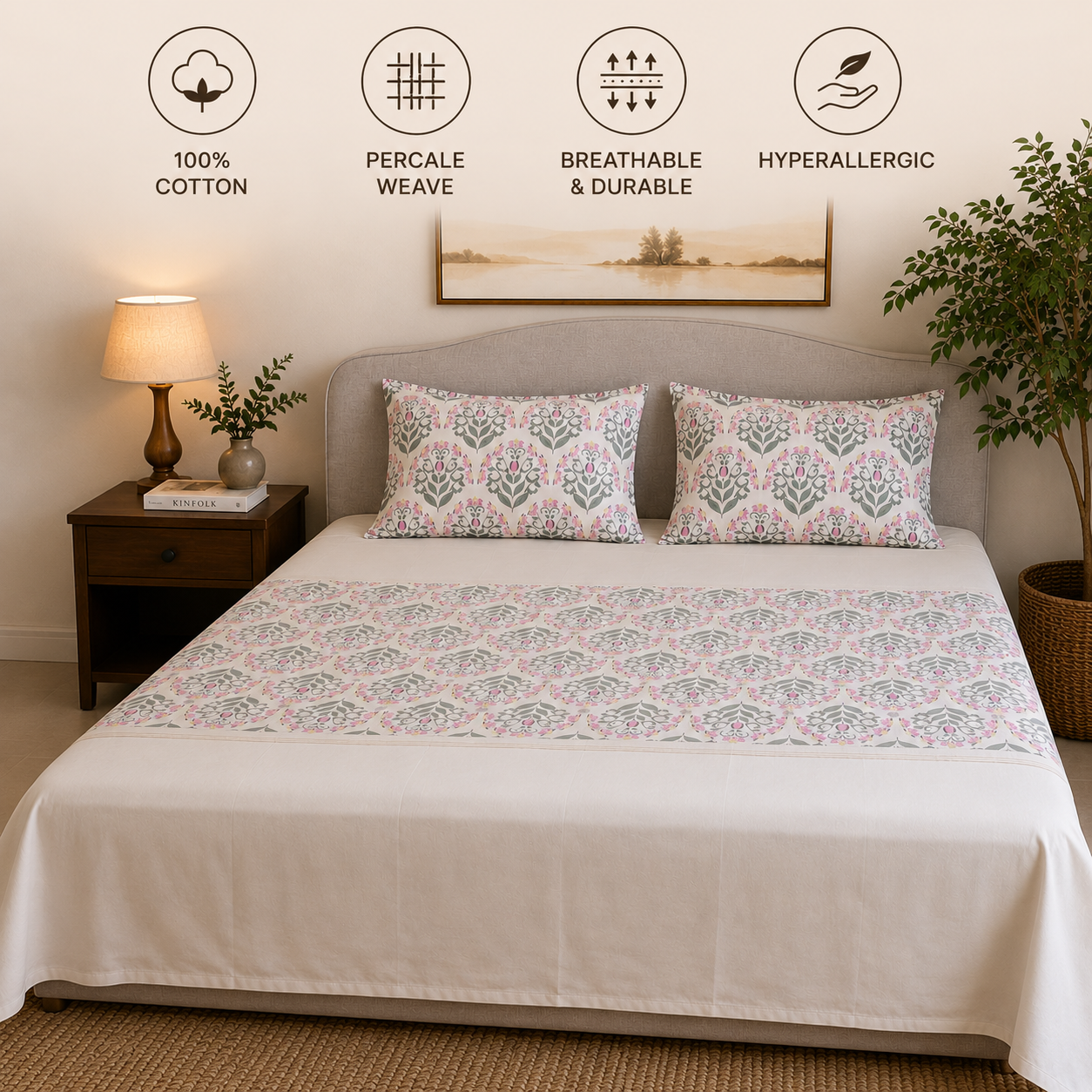 Percale Cotton Bedsheet Set Block-Print Buta Pattern Horizontally Centered