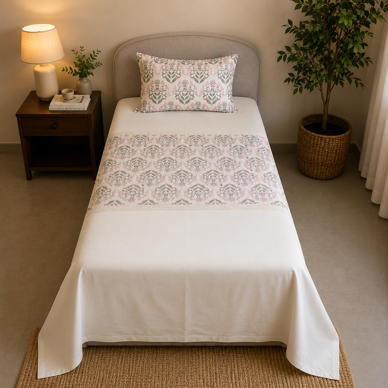 Percale Cotton Bedsheet Set Block-Print Buta Pattern Horizontally Centered