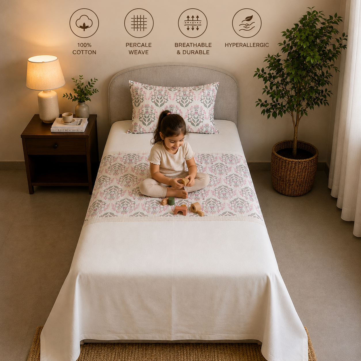 Percale Cotton Bedsheet Set Block-Print Buta Pattern Horizontally Centered