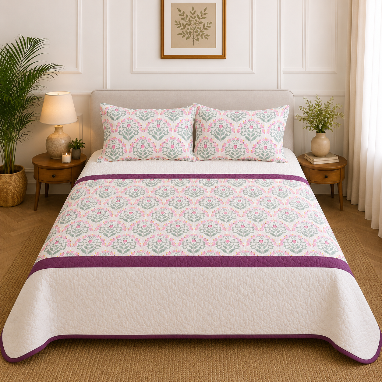 Percale Cotton 3PC Quilted Bedspread floral buta (booti) pattern Horizontally Centered with a block-print-inspired aesthetic in Pink