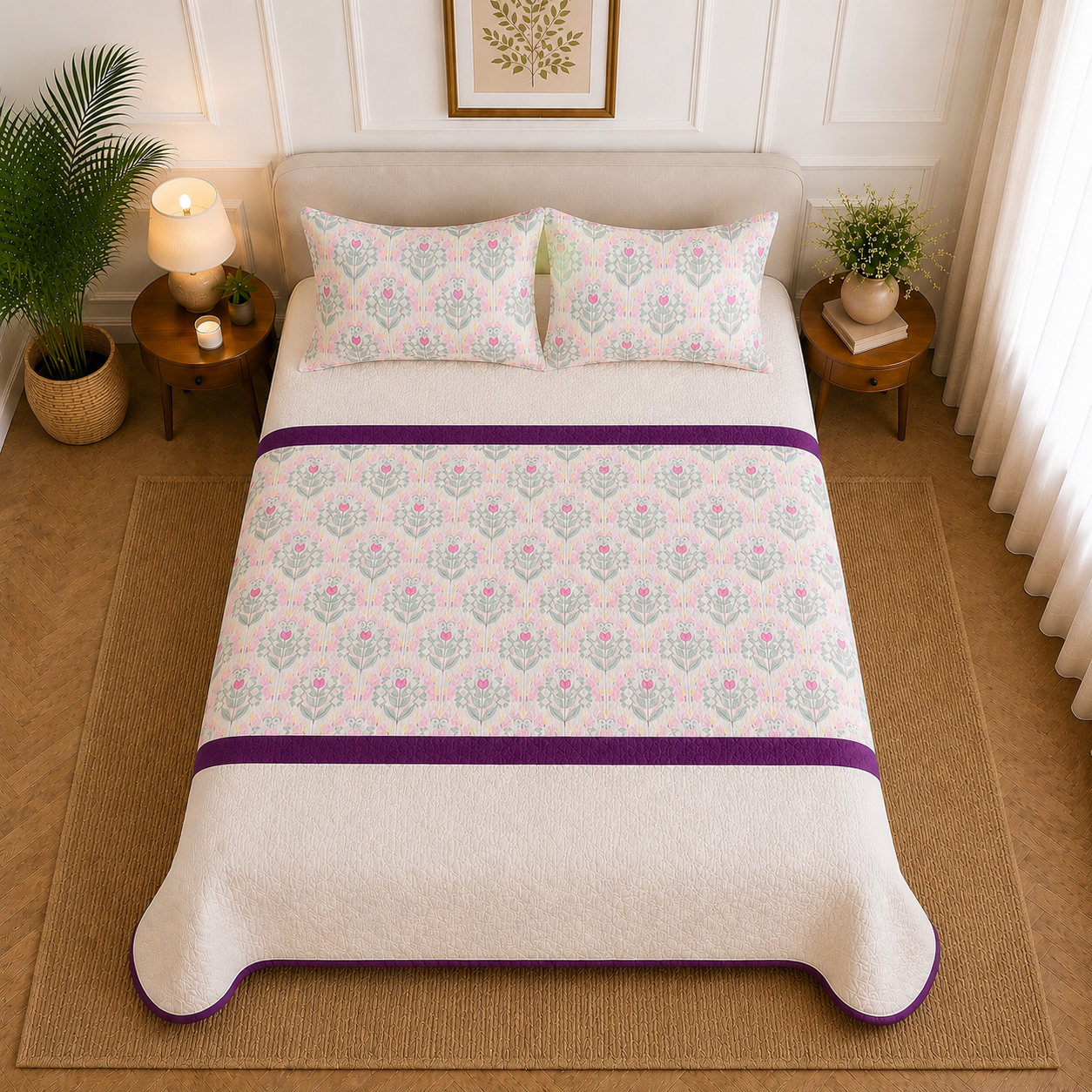 Percale Cotton 3PC Quilted Bedspread floral buta (booti) pattern Horizontally Centered with a block-print-inspired aesthetic in Pink