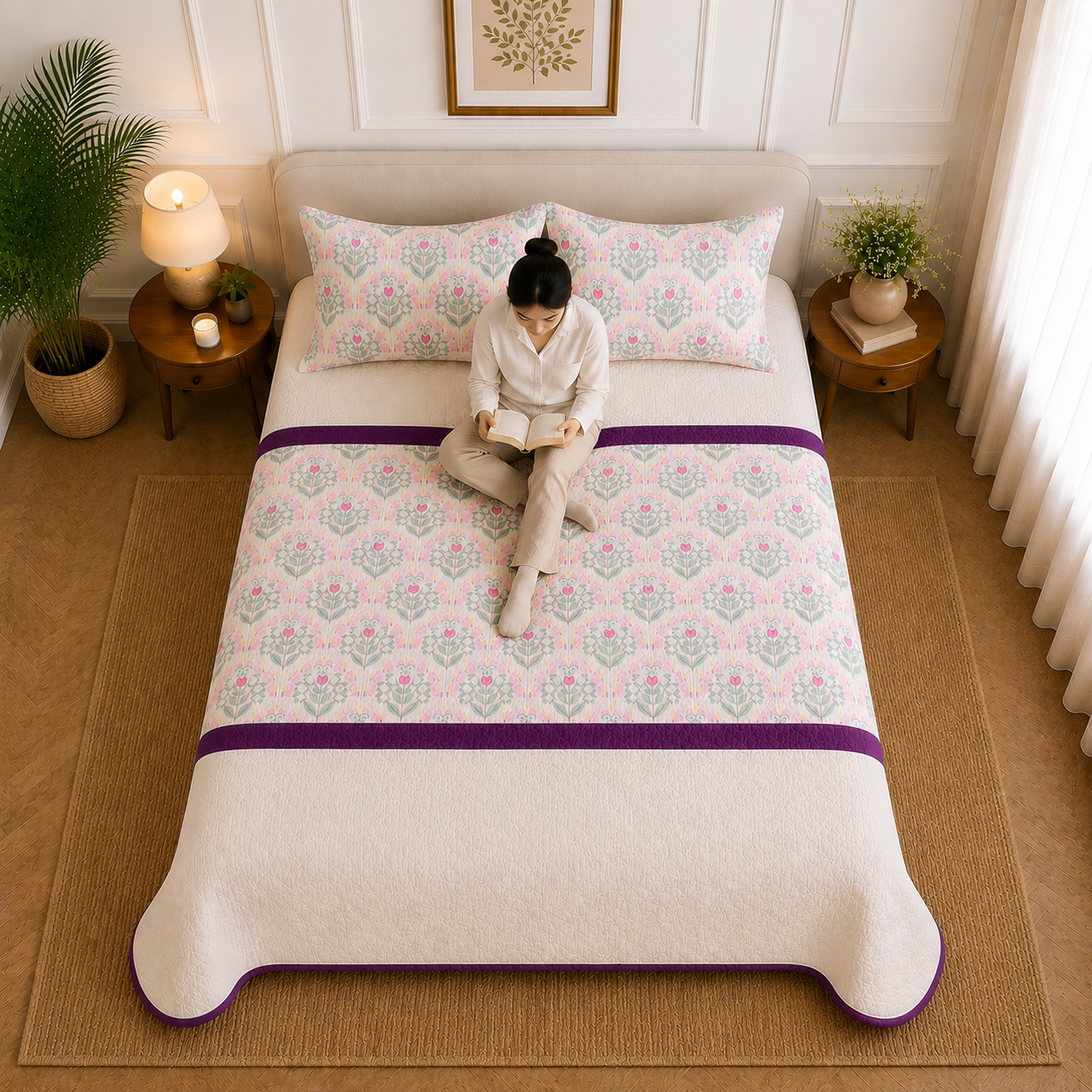 Percale Cotton 3PC Quilted Bedspread floral buta (booti) pattern Horizontally Centered with a block-print-inspired aesthetic in Pink
