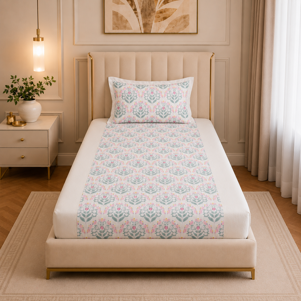 Percale Cotton Fitted Sheet Set Block-Print Buta Pattern Vertically Centered