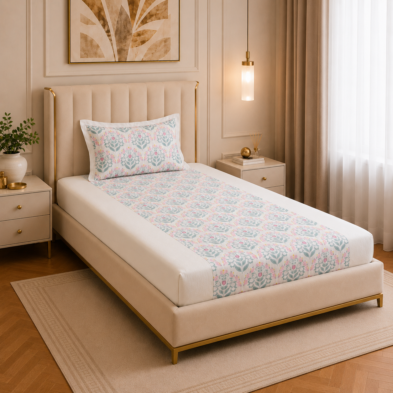 Percale Cotton Fitted Sheet Set Block-Print Buta Pattern Vertically Centered