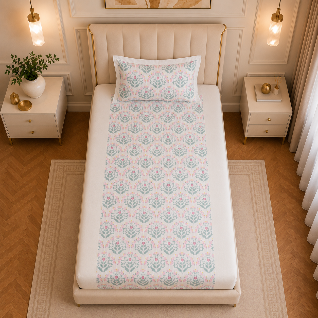 Percale Cotton Fitted Sheet Set Block-Print Buta Pattern Vertically Centered