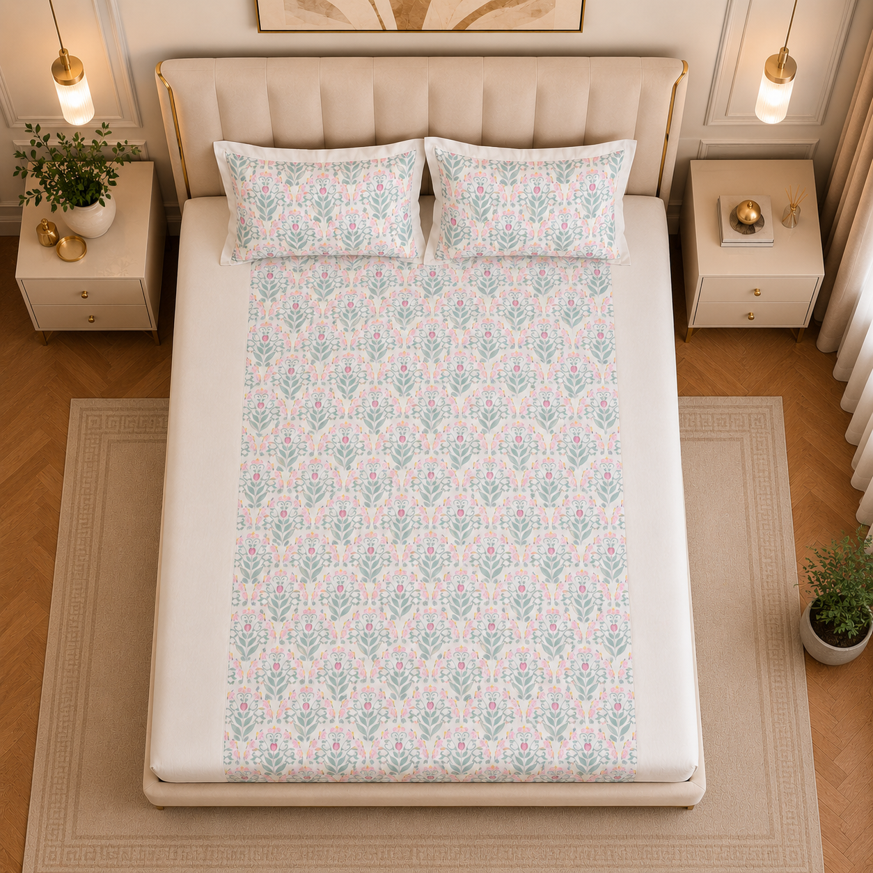 Percale Cotton Fitted Sheet Set Block-Print Buta Pattern Vertically Centered