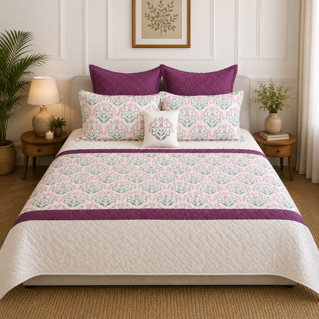 Percale Cotton 7PC Quilted Bedspread floral buta (booti) pattern Horizontally Centered with a block-print-inspired aesthetic in Pink