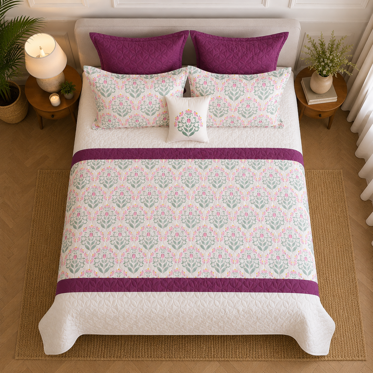 Percale Cotton 7PC Quilted Bedspread floral buta (booti) pattern Horizontally Centered with a block-print-inspired aesthetic in Pink