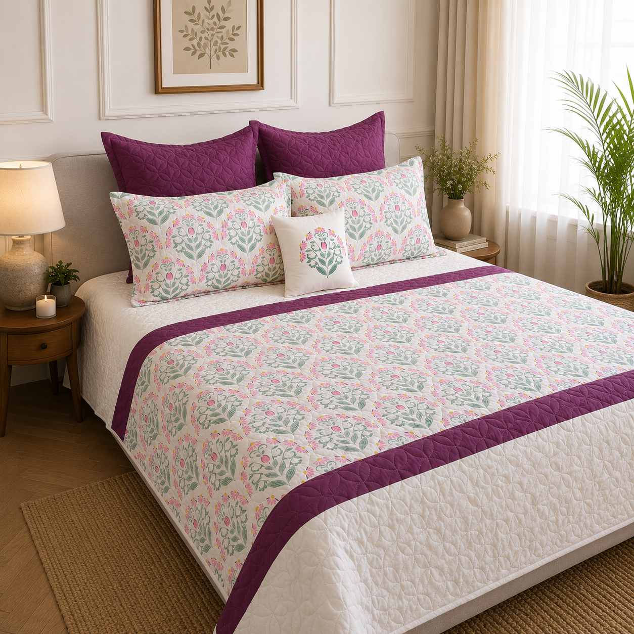 Percale Cotton 7PC Quilted Bedspread floral buta (booti) pattern Horizontally Centered with a block-print-inspired aesthetic in Pink