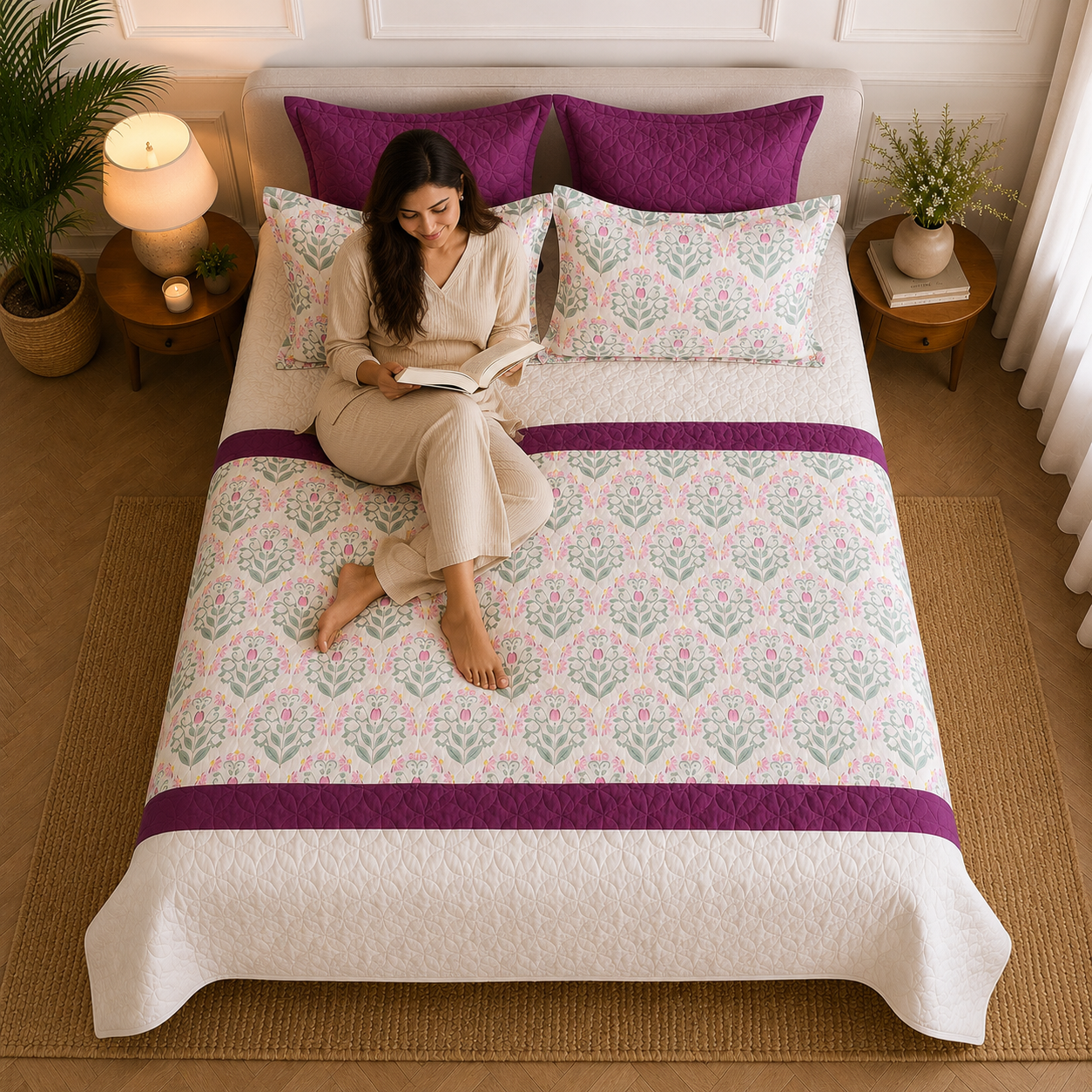 Percale Cotton 7PC Quilted Bedspread floral buta (booti) pattern Horizontally Centered with a block-print-inspired aesthetic in Pink