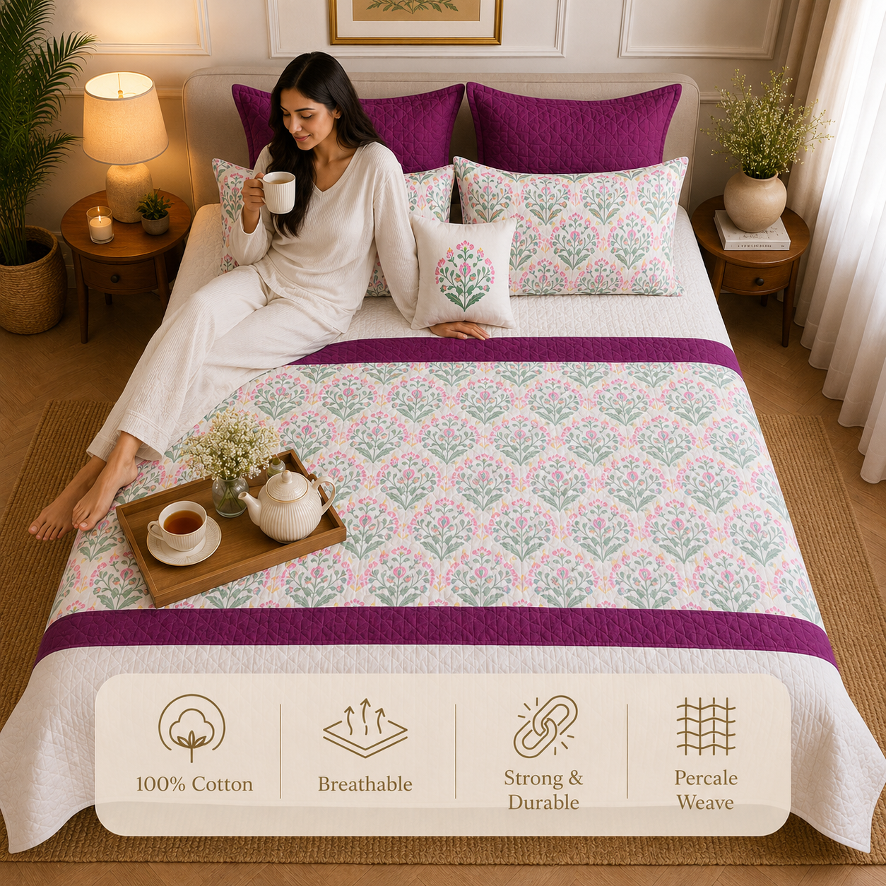 Percale Cotton 7PC Quilted Bedspread floral buta (booti) pattern Horizontally Centered with a block-print-inspired aesthetic in Pink