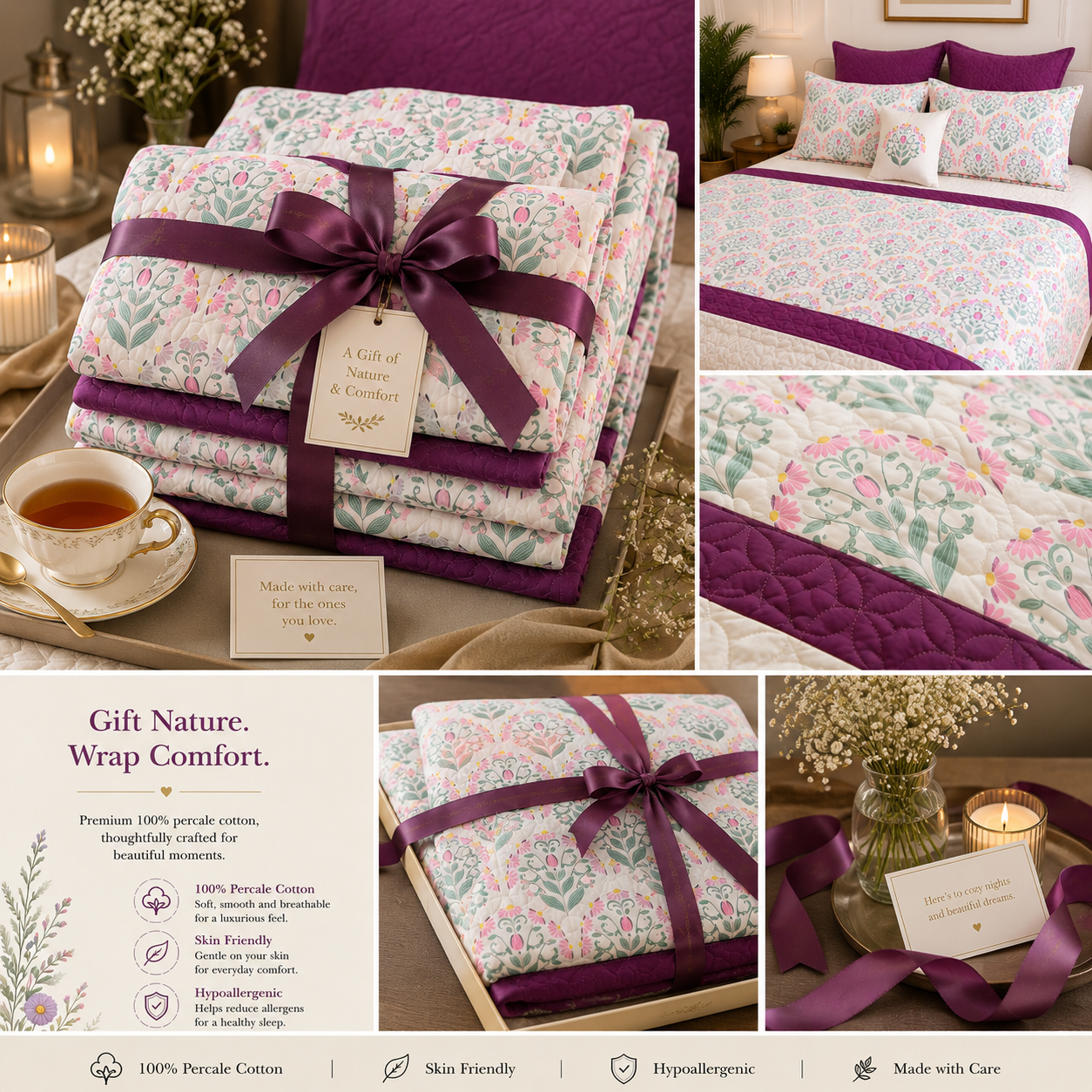 Percale Cotton 7PC Quilted Bedspread floral buta (booti) pattern Horizontally Centered with a block-print-inspired aesthetic in Pink