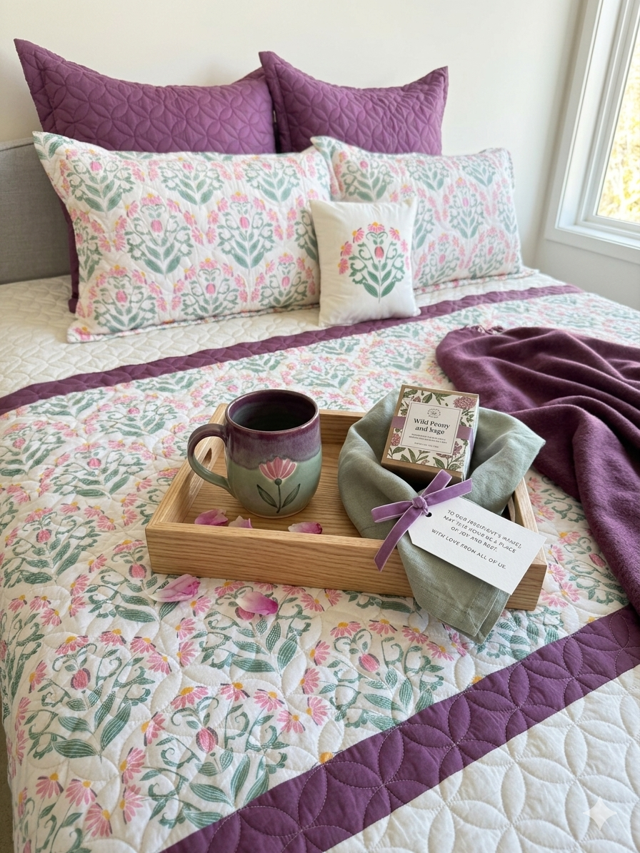 Percale Cotton 7PC Quilted Bedspread floral buta (booti) pattern Horizontally Centered with a block-print-inspired aesthetic in Pink