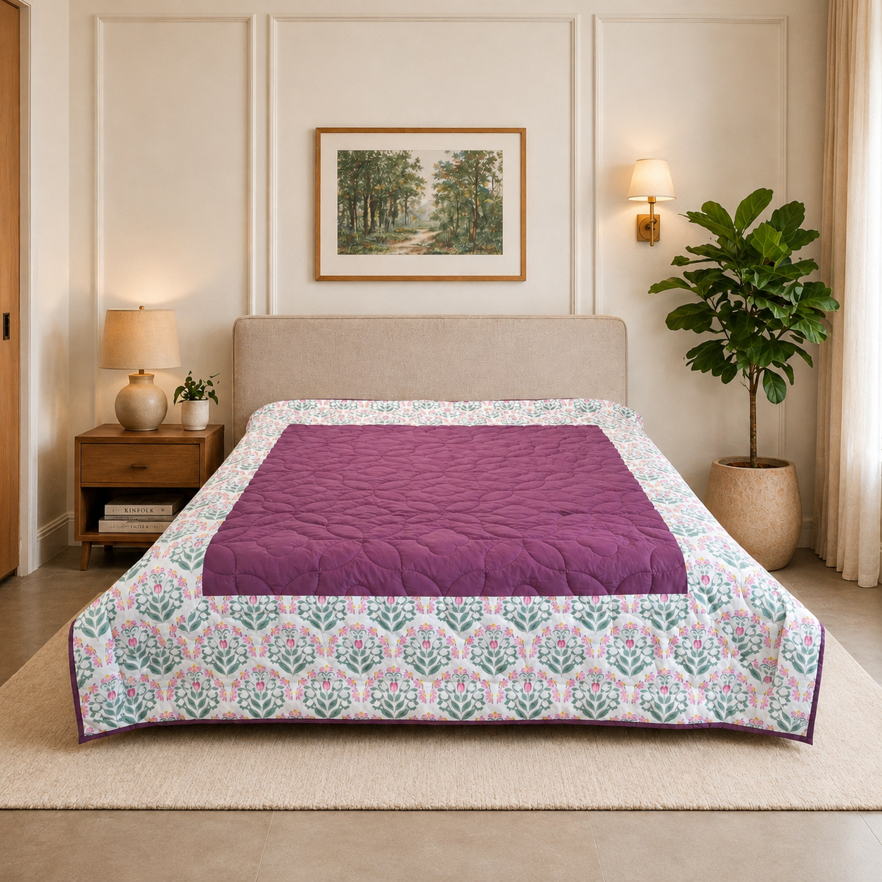 Percale Cotton Reversible AC Blanket floral buta (booti) pattern with a block-print-inspired aesthetic in Pink