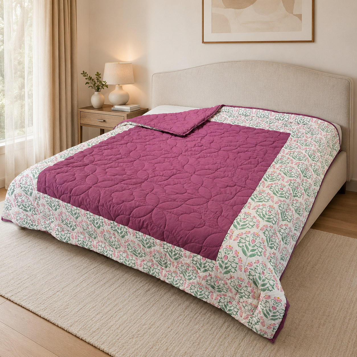 Percale Cotton Reversible AC Blanket floral buta (booti) pattern with a block-print-inspired aesthetic in Pink