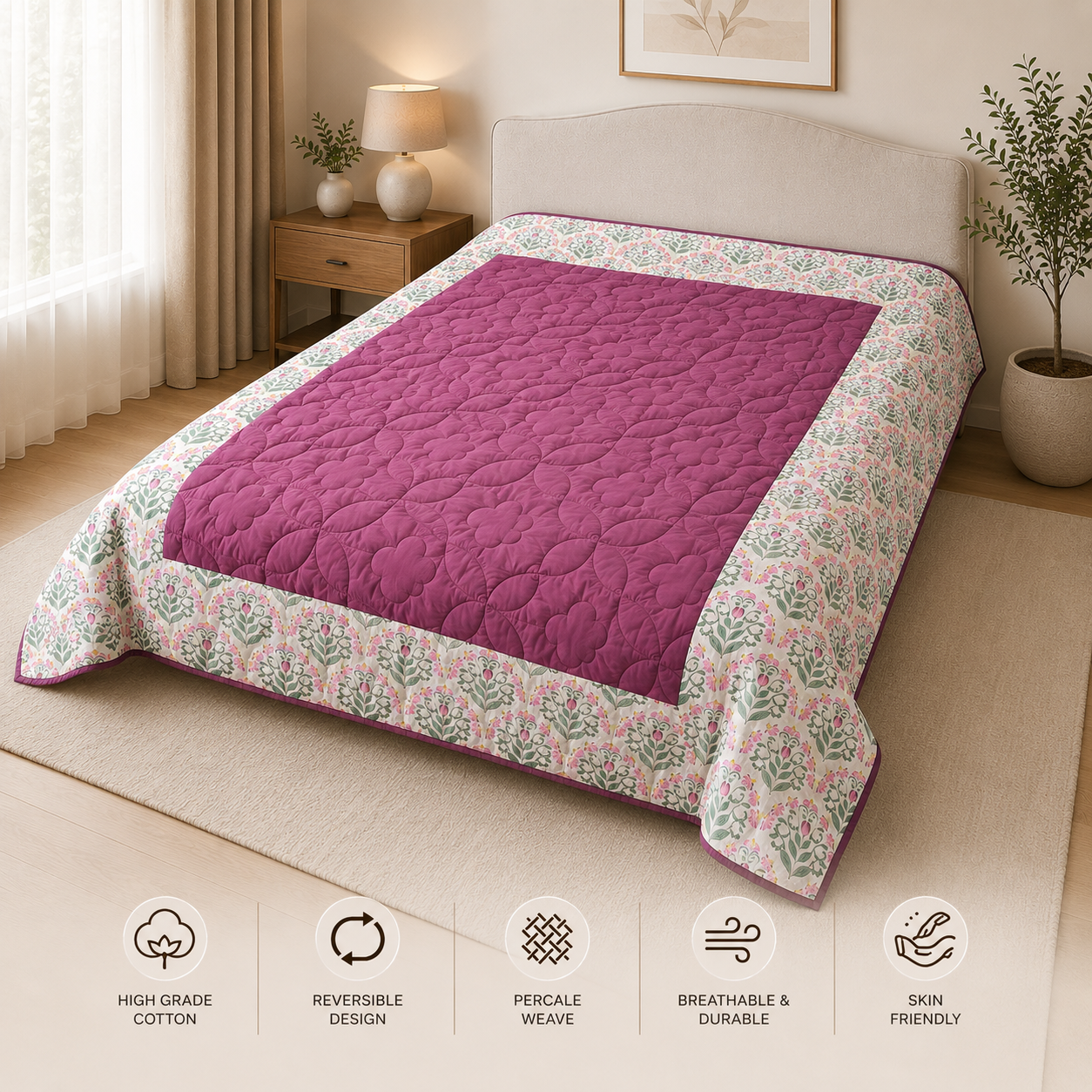 Percale Cotton Reversible AC Blanket floral buta (booti) pattern with a block-print-inspired aesthetic in Pink