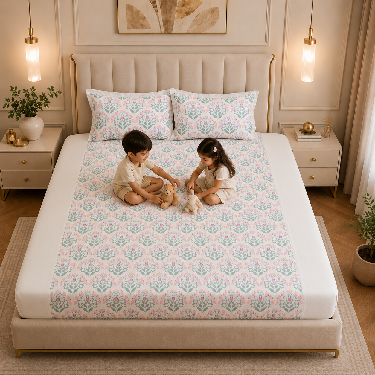 Percale Cotton Fitted Sheet Set Block-Print Buta Pattern Vertically Centered