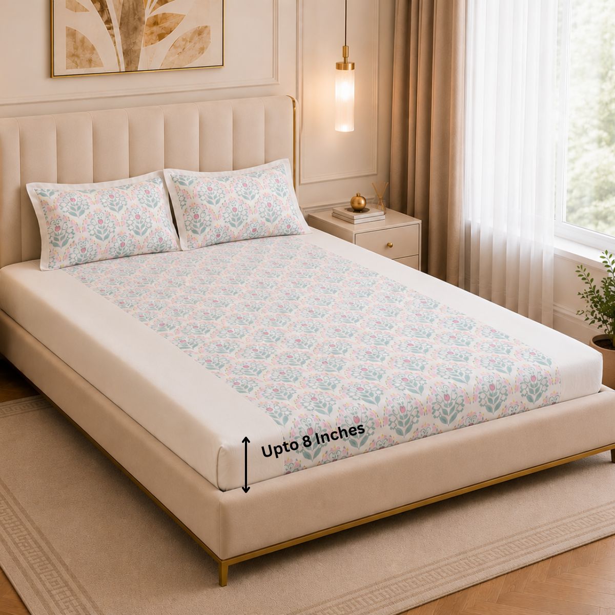 Percale Cotton Fitted Sheet Set Block-Print Buta Pattern Vertically Centered