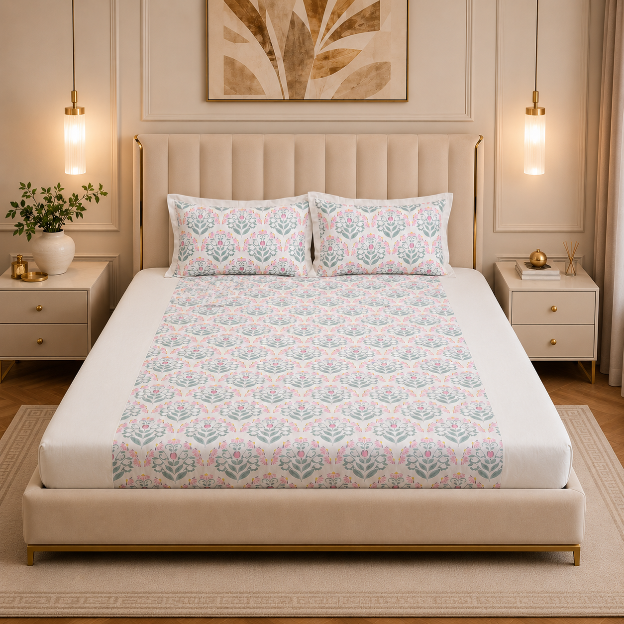 Percale Cotton Fitted Sheet Set Block-Print Buta Pattern Vertically Centered