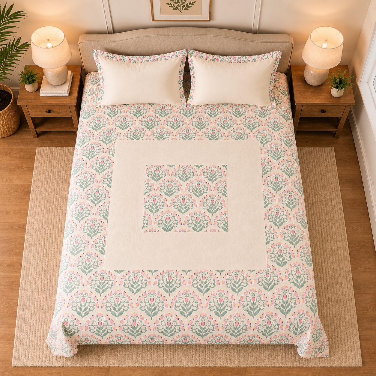 Percale Cotton Bedsheet Set Block-Print Buta Pattern Concentric Square