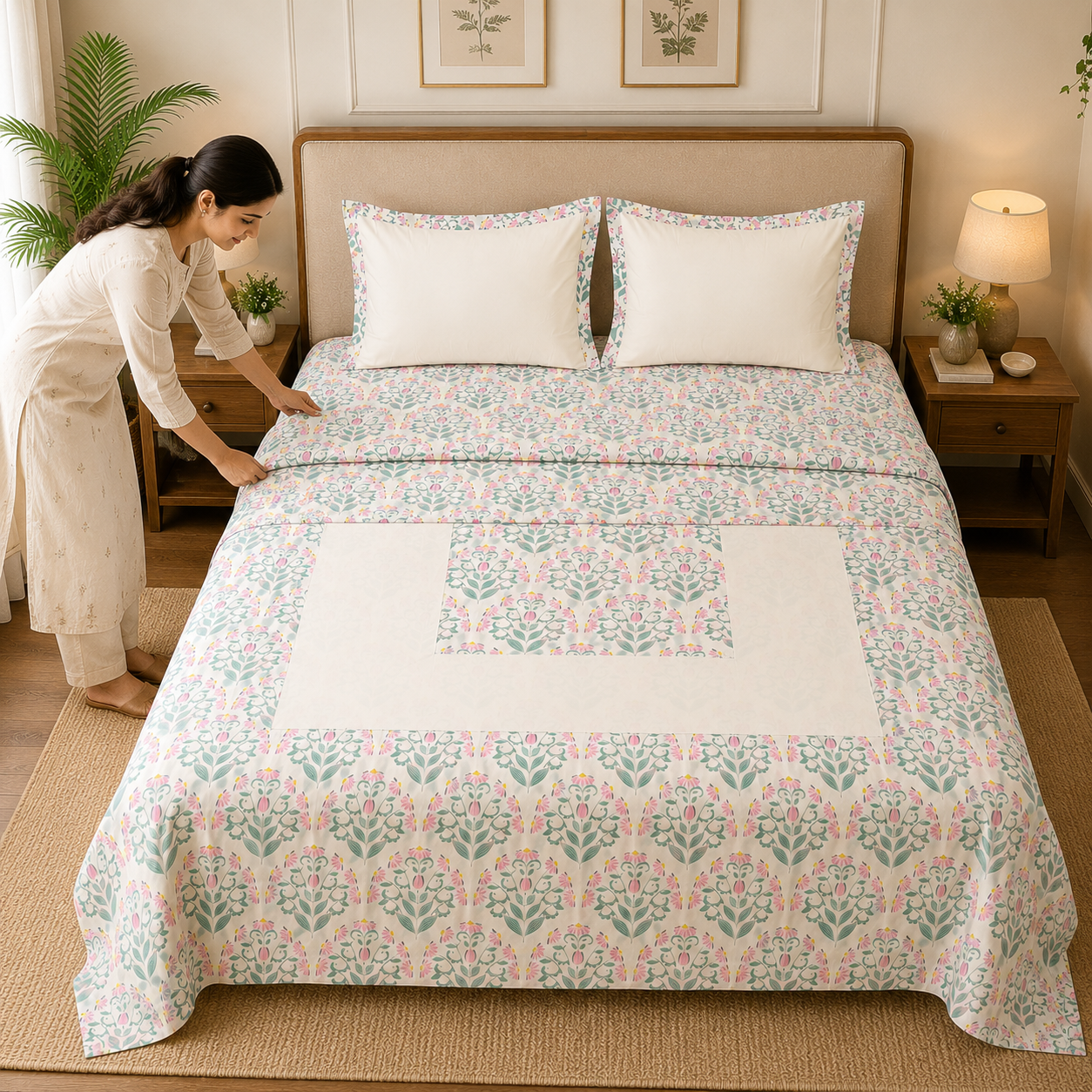 Percale Cotton Bedsheet Set Block-Print Buta Pattern Concentric Square