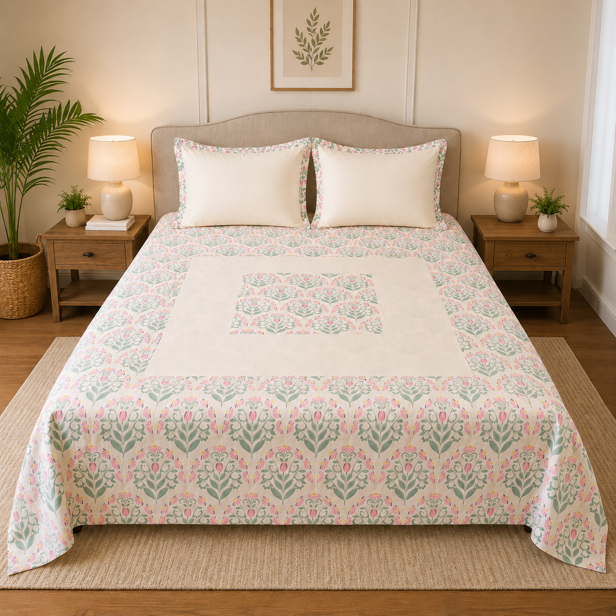 Percale Cotton Bedsheet Set Block-Print Buta Pattern Concentric Square