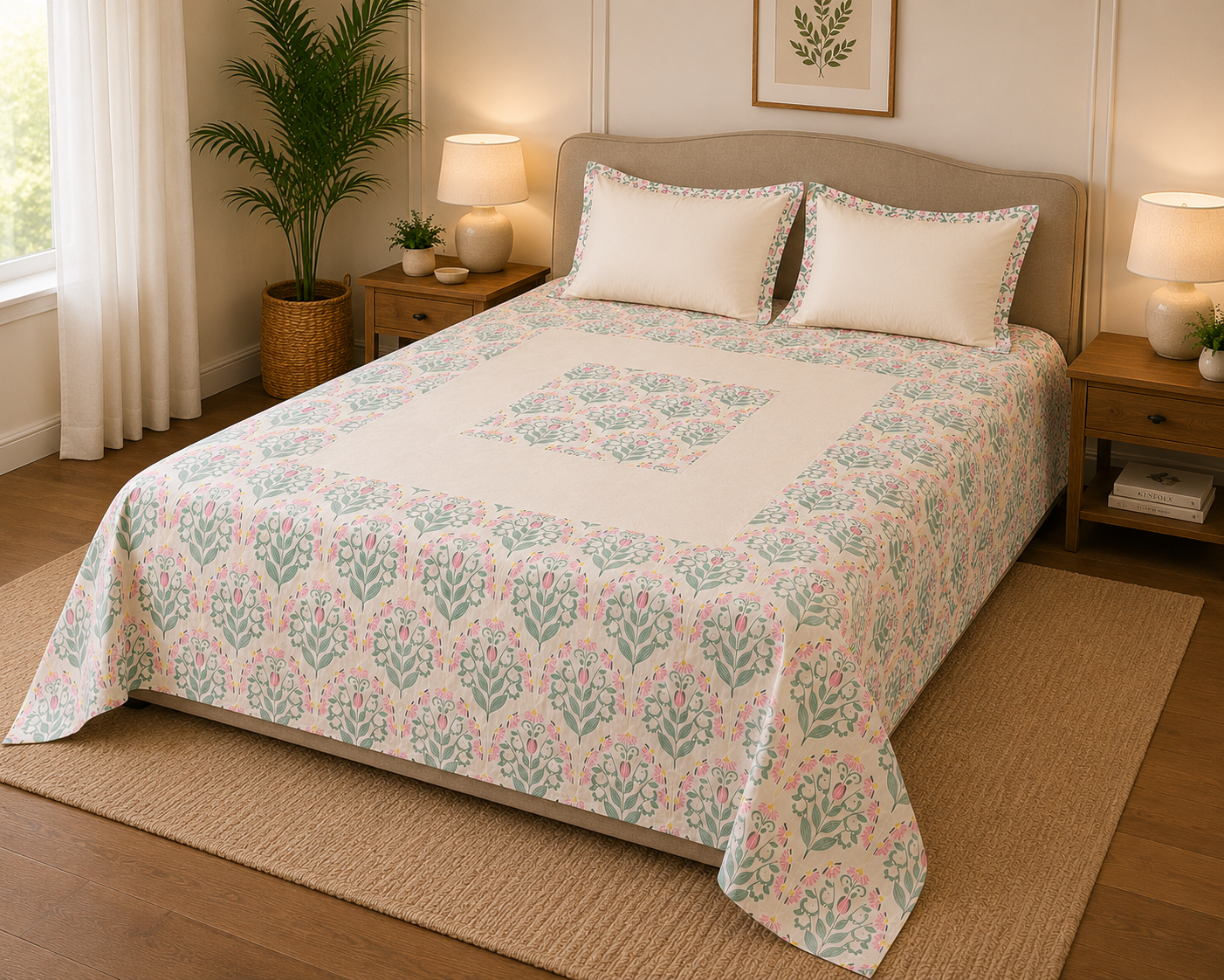 Percale Cotton Bedsheet Set Block-Print Buta Pattern Concentric Square