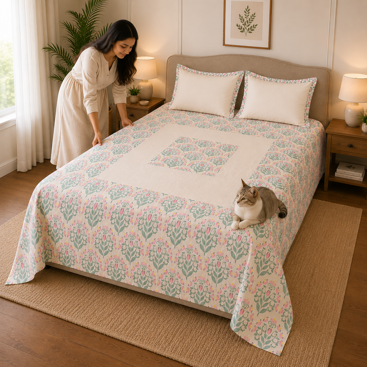 Percale Cotton Bedsheet Set Block-Print Buta Pattern Concentric Square