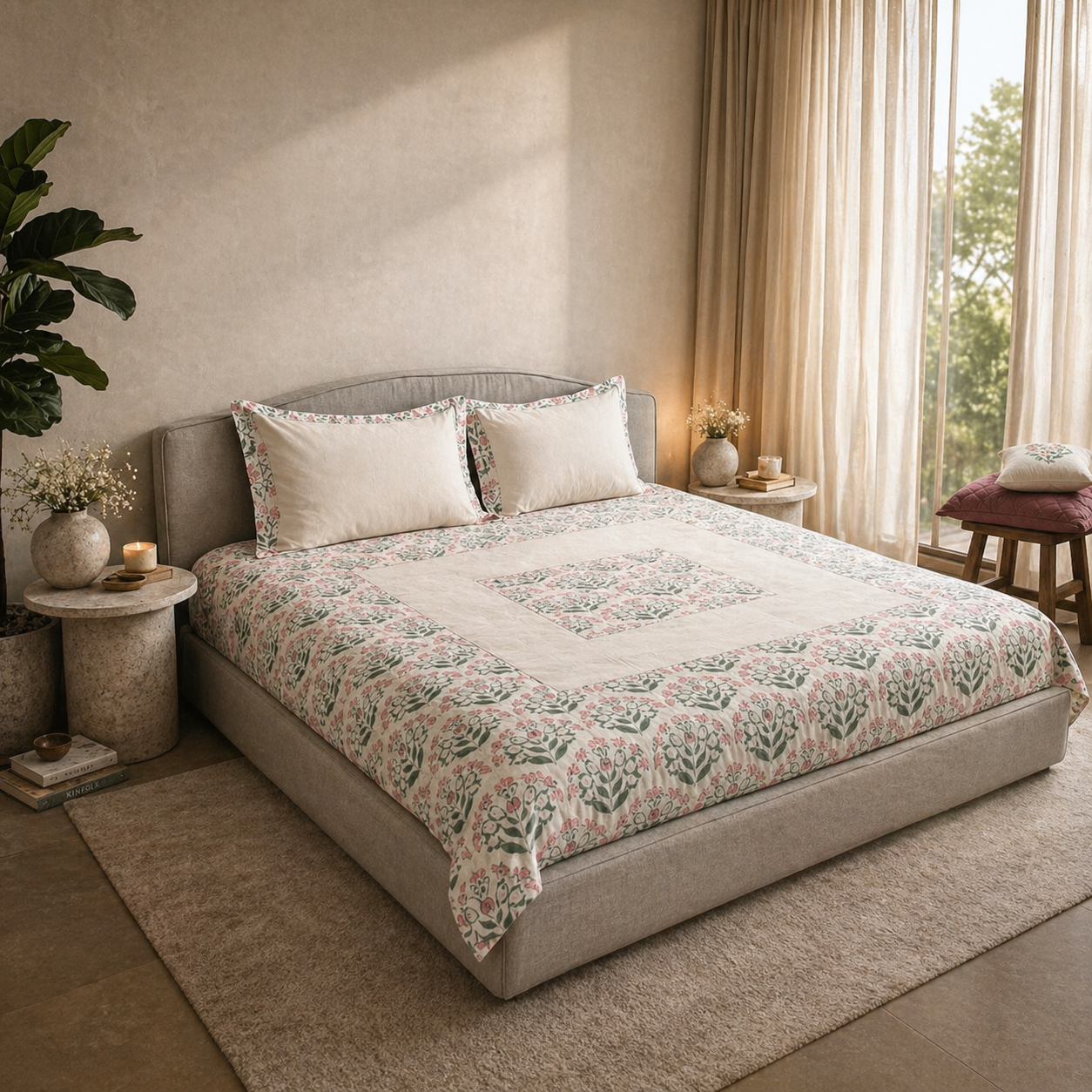 Percale Cotton Bedsheet Set Block-Print Buta Pattern Concentric Square