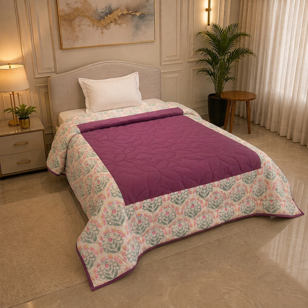 Percale Cotton Reversible AC Blanket floral buta (booti) pattern with a block-print-inspired aesthetic in Pink