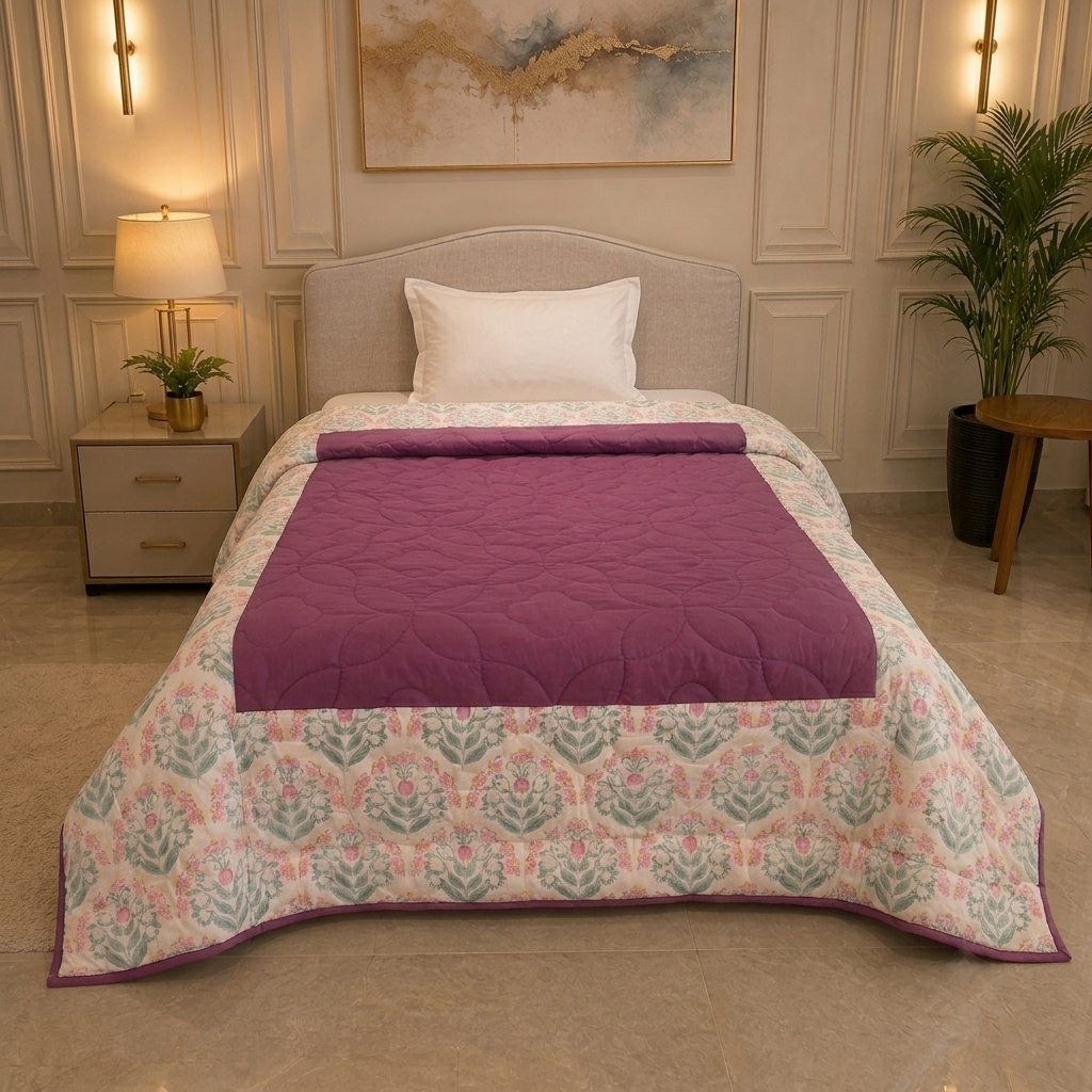 Percale Cotton Reversible AC Blanket floral buta (booti) pattern with a block-print-inspired aesthetic in Pink