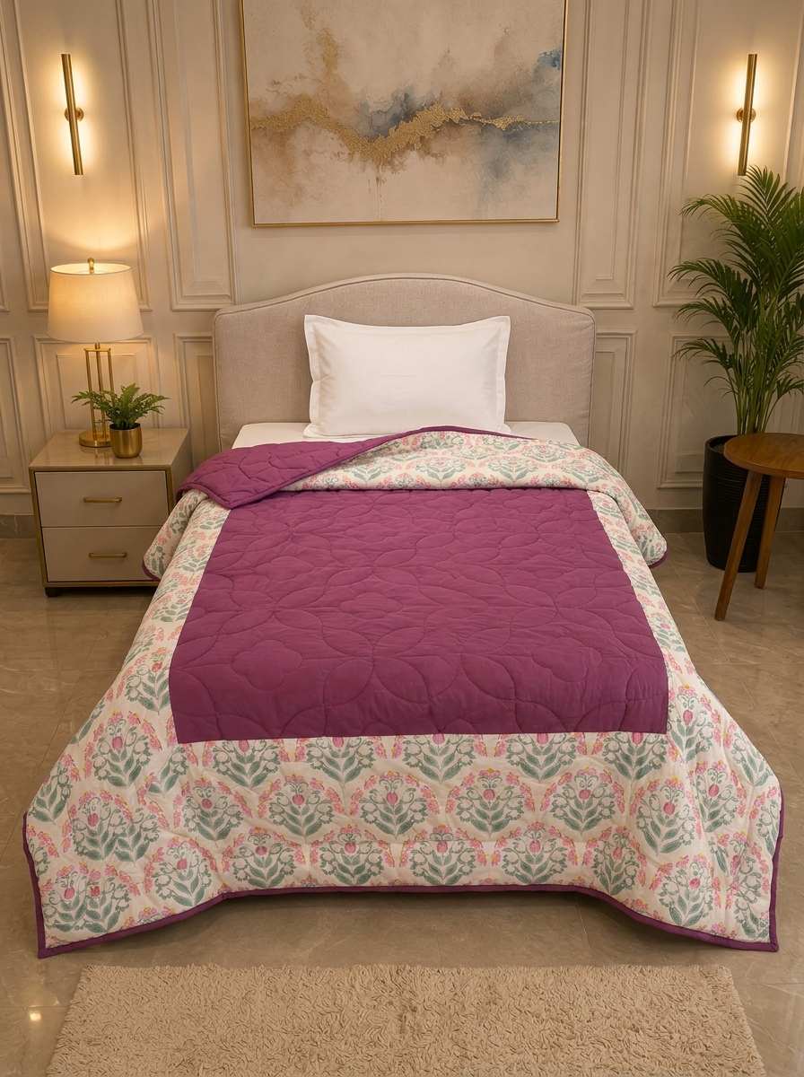 Percale Cotton Reversible AC Blanket floral buta (booti) pattern with a block-print-inspired aesthetic in Pink