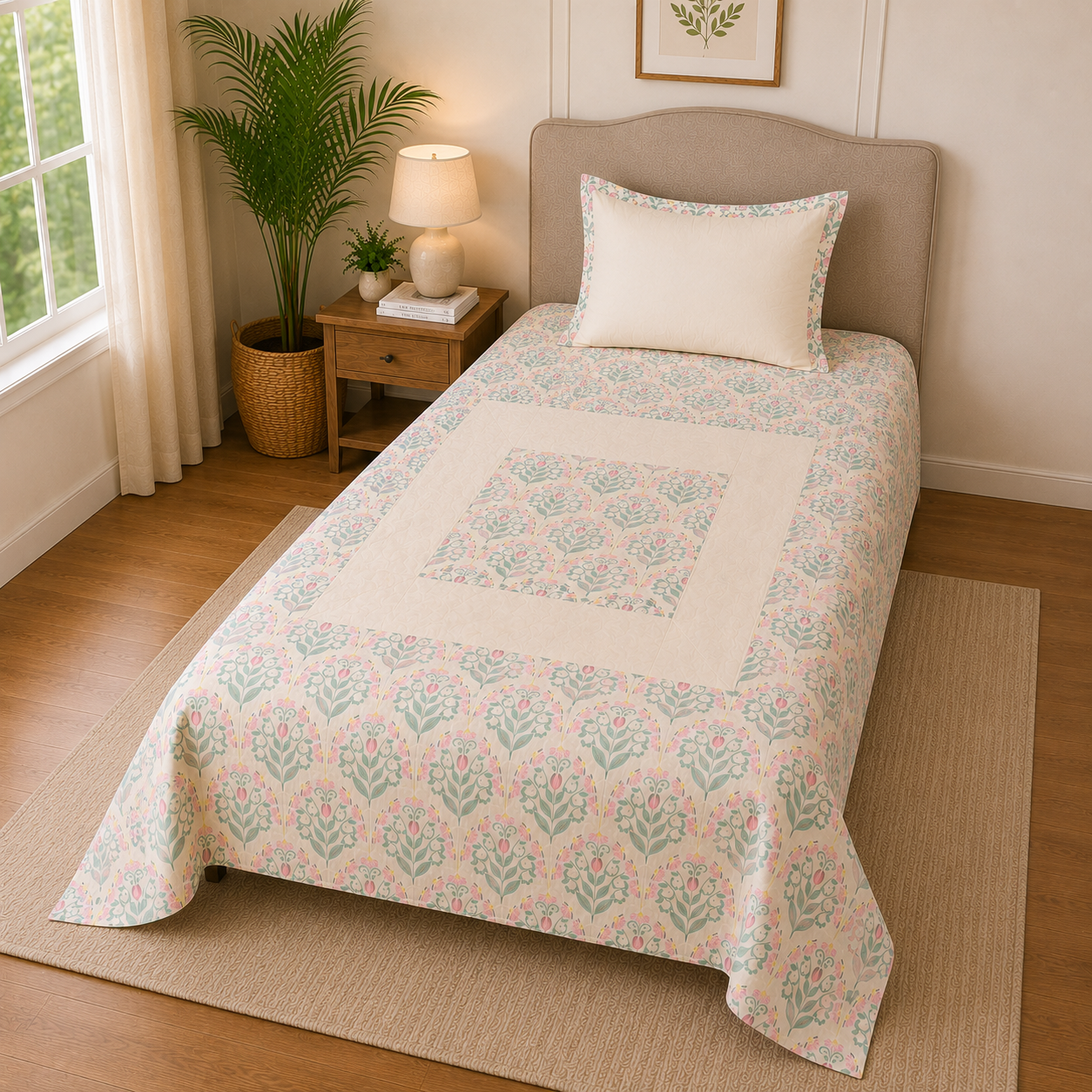 Percale Cotton Bedsheet Set Block-Print Buta Pattern Concentric Square